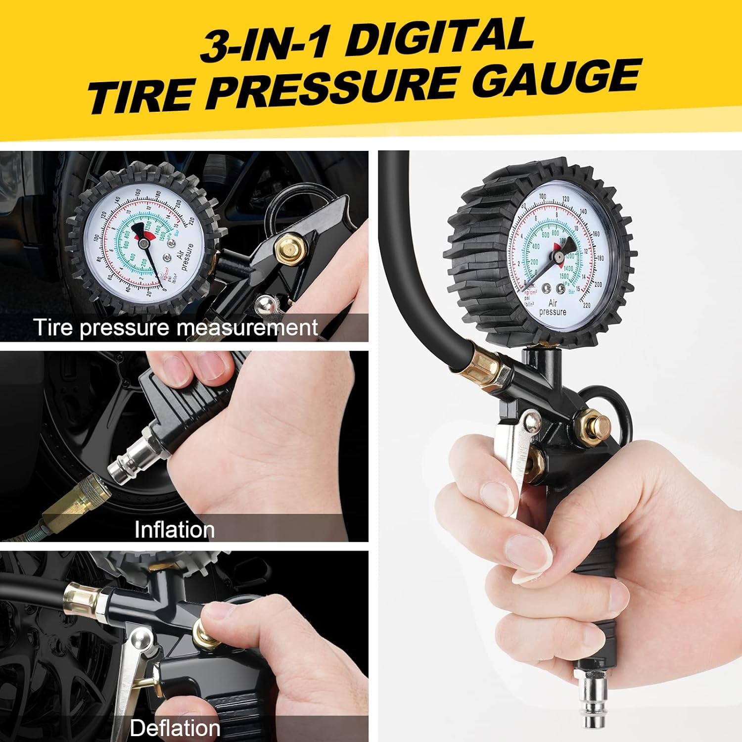Numérique Manomètre Pression Pneu 220 PSI Haute Précis Multifonctionnel Jauge des Pneus Numérique avec 24 Accessoires,pour Voiture Moto Vélo - 3