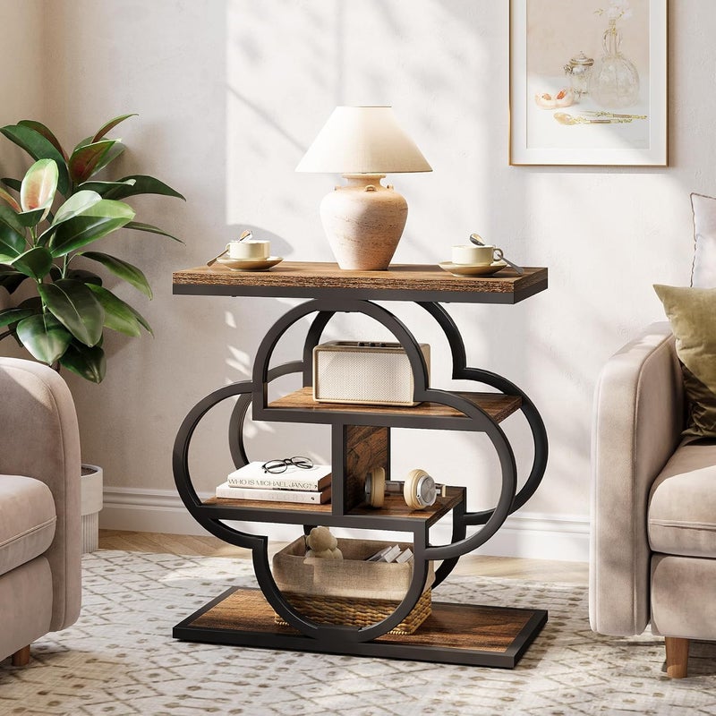 Wąski stolik nocny Tribesigns – 4 drewniane półki z zakrzywioną metalową ramą, rustykalny stolik nocny z półkami