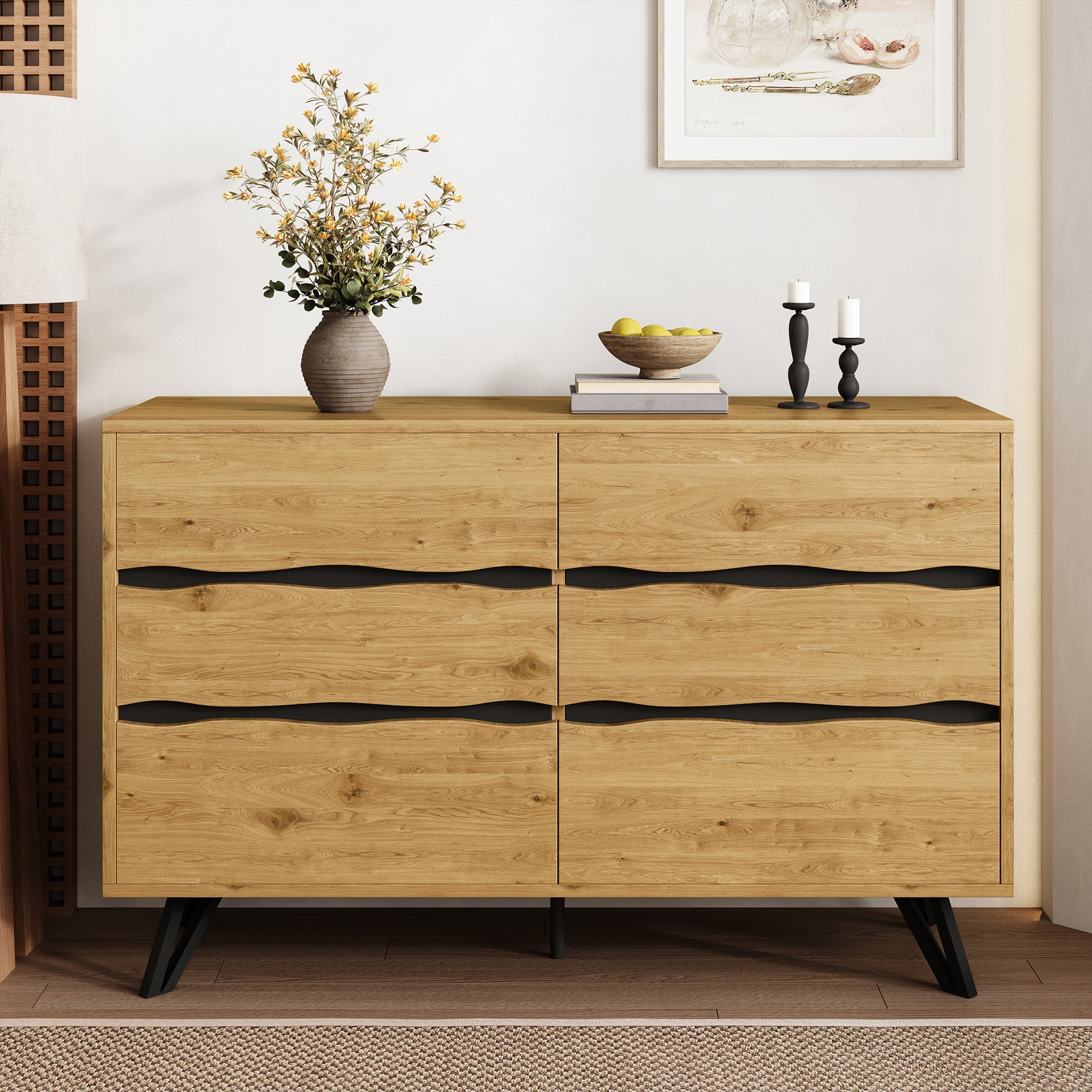 Komoda niska z 6 szufladami - 120 x 40 x 75,5 cm - Płyta wiórowa i nogi metalowe - Kolor drewno i czerń