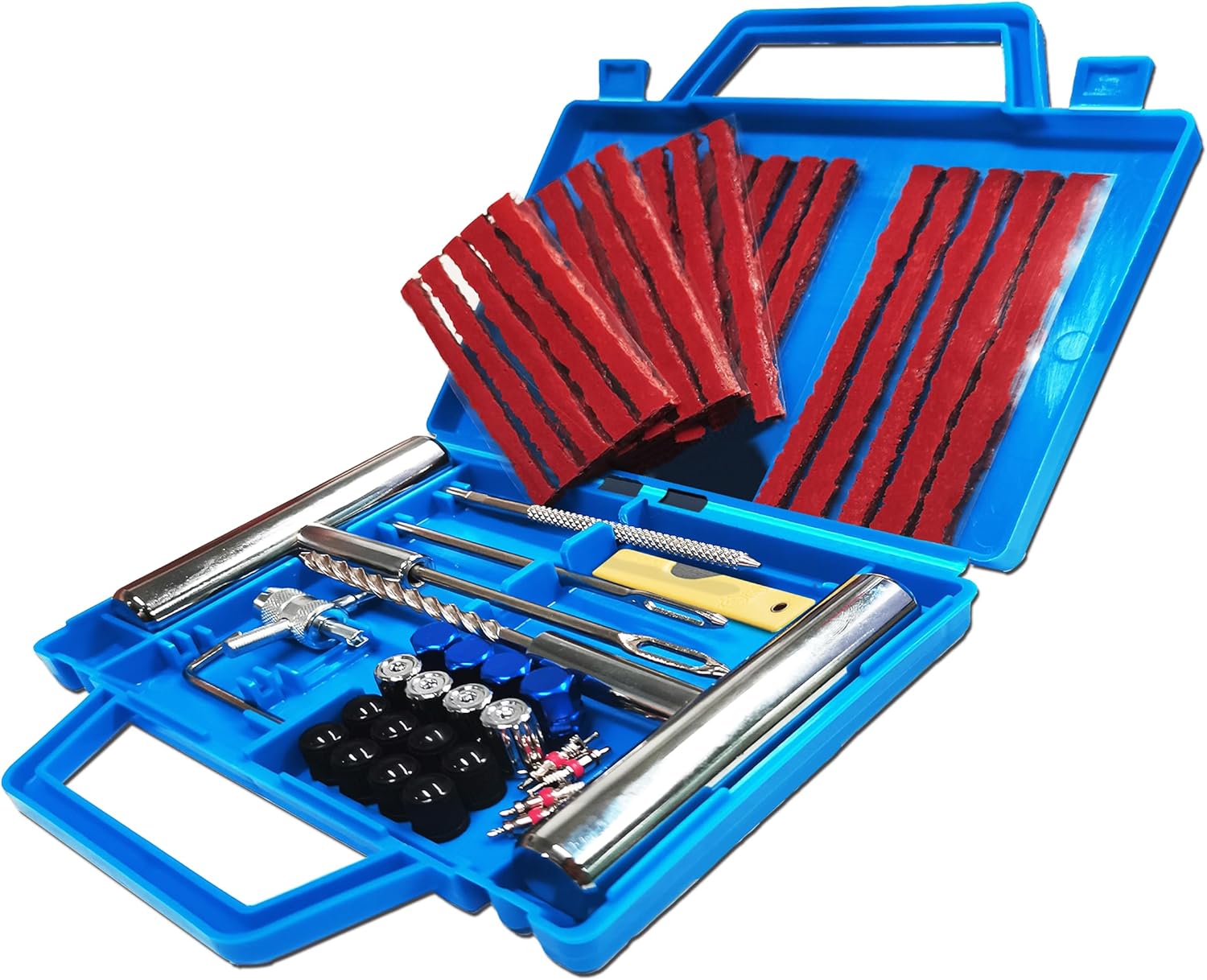 Kit De Réparation Pneu Vélo – 96 Rustines (rondes Et Carrées), 4 Limes Métal, 2 Démonte-pneus Acier – Pour Route, VTT, Moto