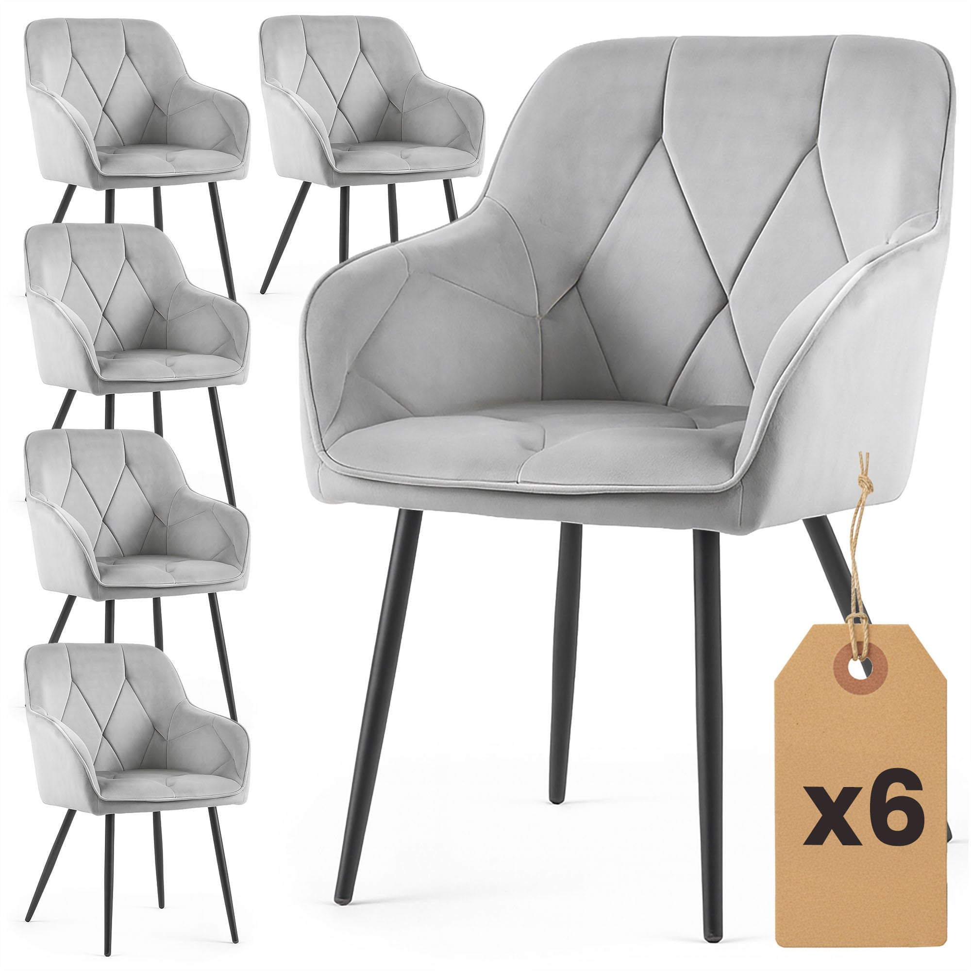 6x Welurowe krzesło tapicerowane pikowane Szare DIAMANTE Czarne nogi