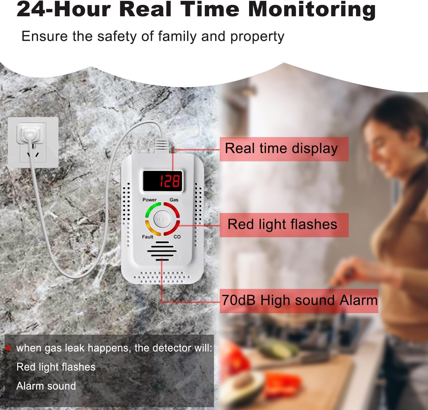 Detector de gas portátil, detector de monóxido de carbono con pantalla LED digital, para el hogar y viajes, blanco, enchufe de la UE - 5