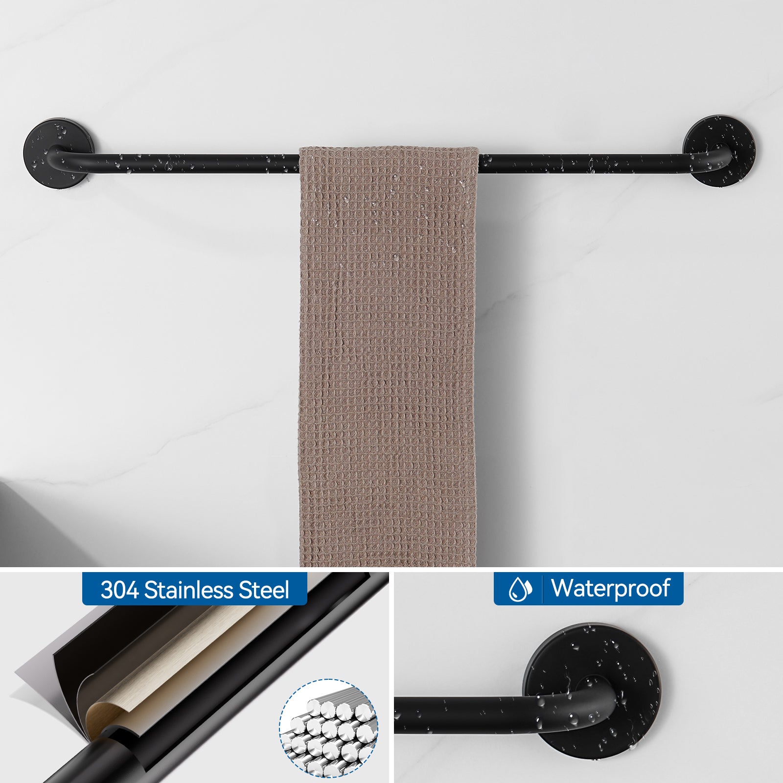 Auralum Max Ensemble Salle Bain Accessoire 6 Pièces,Auto-adhésif ou percer,Porte-Serviettes,Porte-Papier Toilette,Crochet Mural,en Inox,Noir Mat - 3