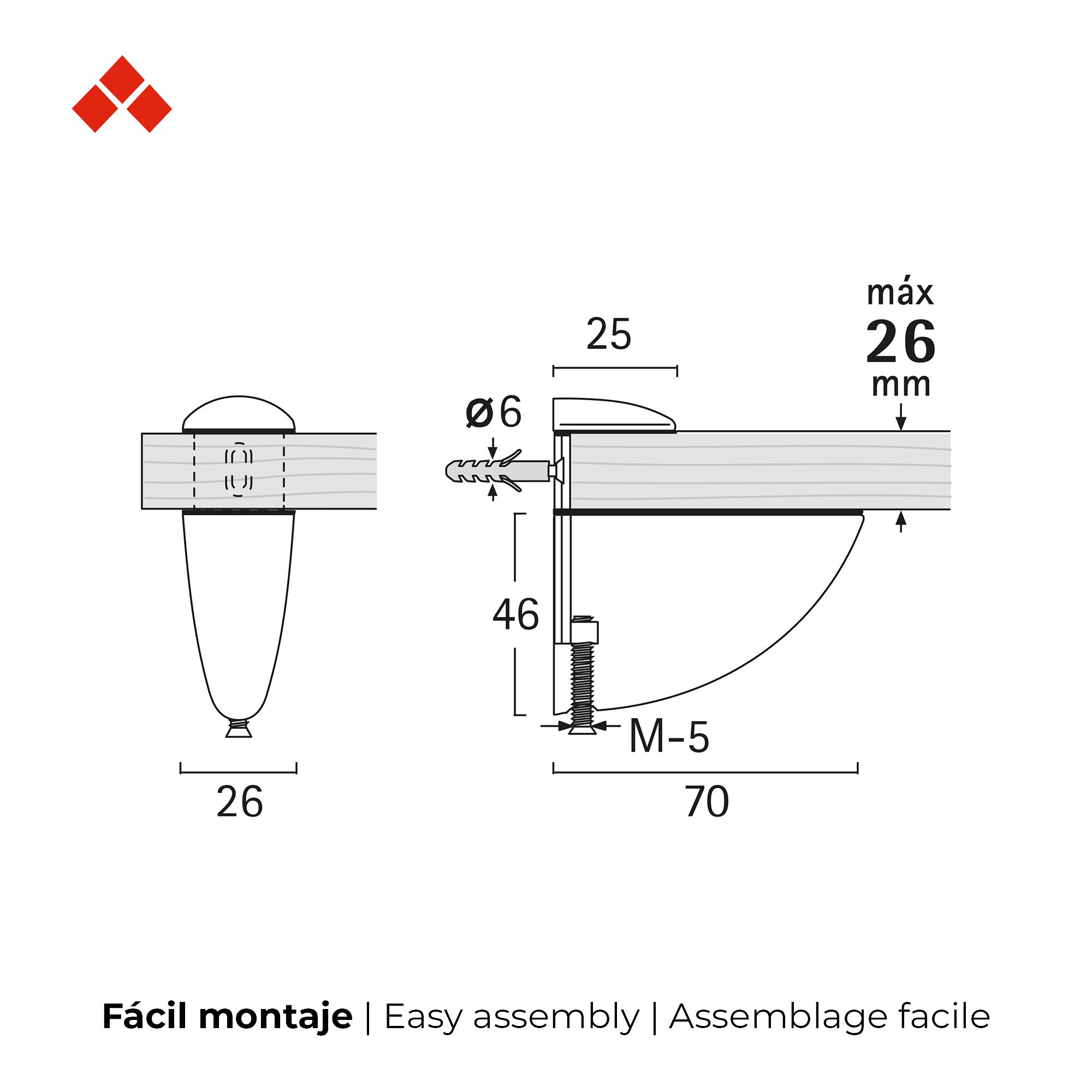 Support réglable pour étagères en verre et bois | Fabriqué en Zamac | Fini chromé brillant | Pour étagères d'une épaisseur de 3 à 26 mm | Dimensions - 2
