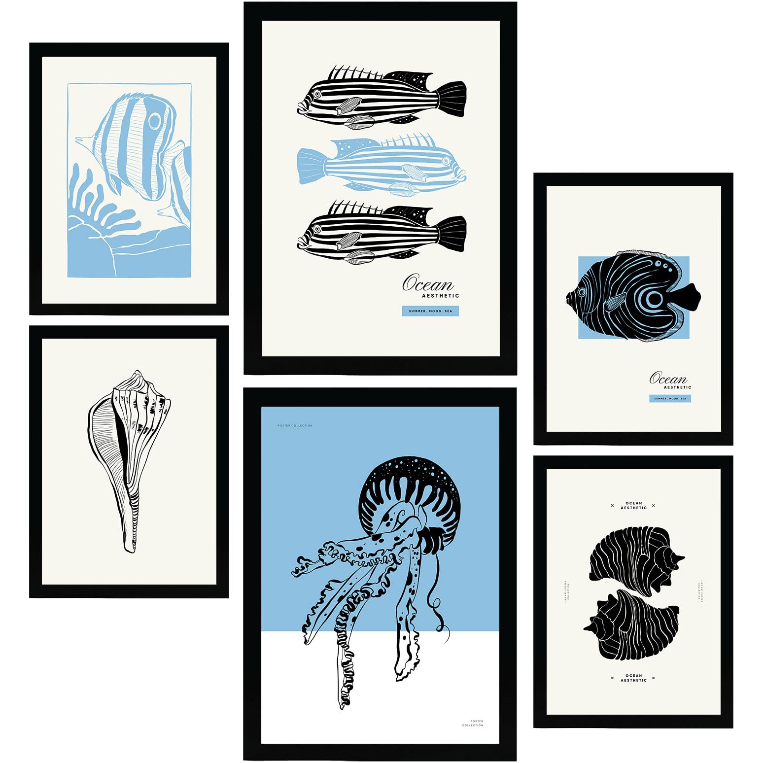 Nacnic set de 6 posters en tinta negra criaturas marinas láminas artísticas del mar y océano para el diseño y tamaños a3 & a4 marco negro