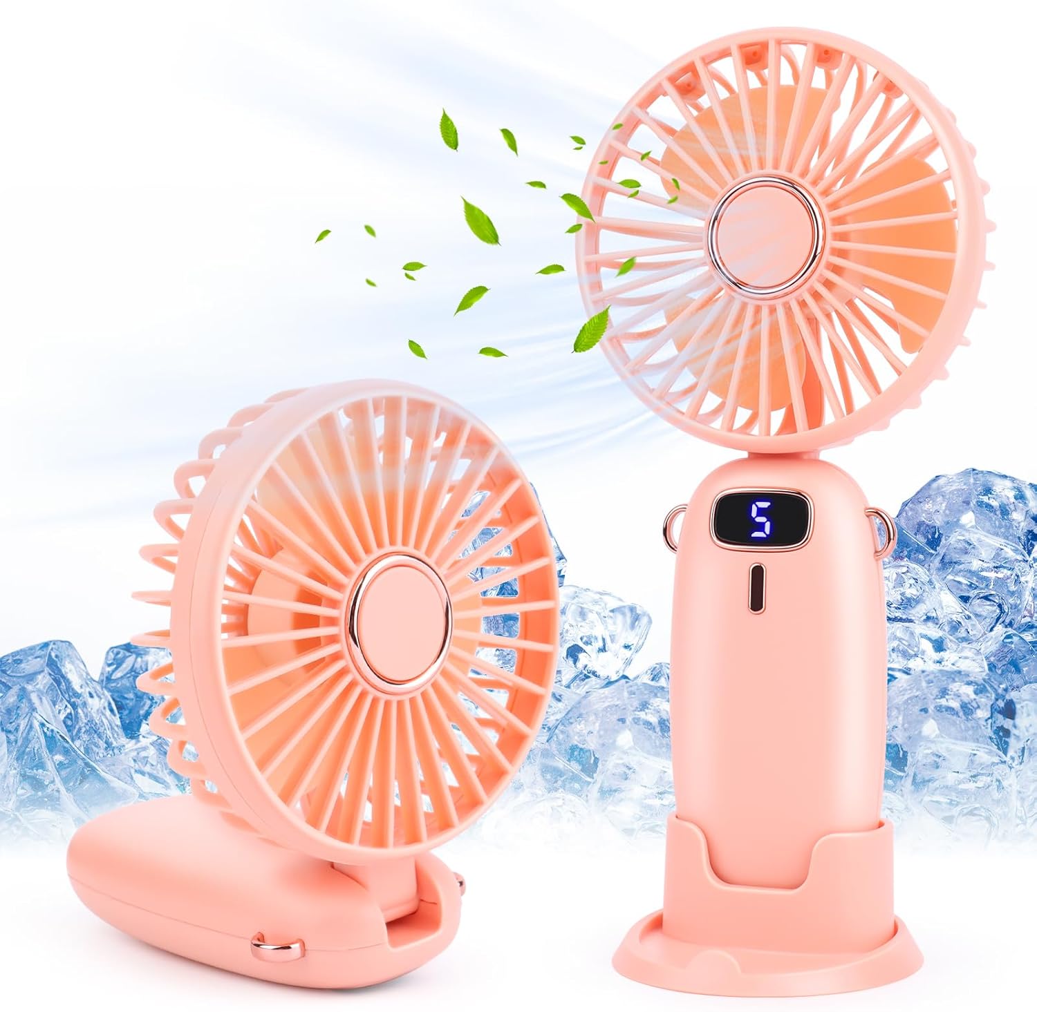 Przenośny wentylator - Mały wentylator ręczny, 5 prędkości, z podstawą - Mini przenośny wentylator USB - do biura i na zewnątrz - Różowy
