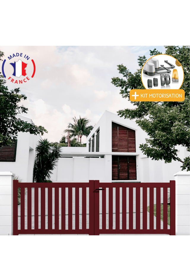 Portail aluminium battant ajouré en kit + Motorisation dimensions L.3000 (entre piliers) X H.1200 mm LOCKYVIA (à bras) Couleurs Rouge (RAL 3004)