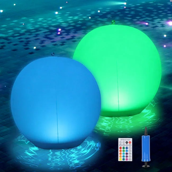 Zestaw 2 solarnych kul LED, nadmuchiwane światła pływające, pilot zdalnego sterowania i pompka, odpowiednie do basenu i ogrodu, 34 cm