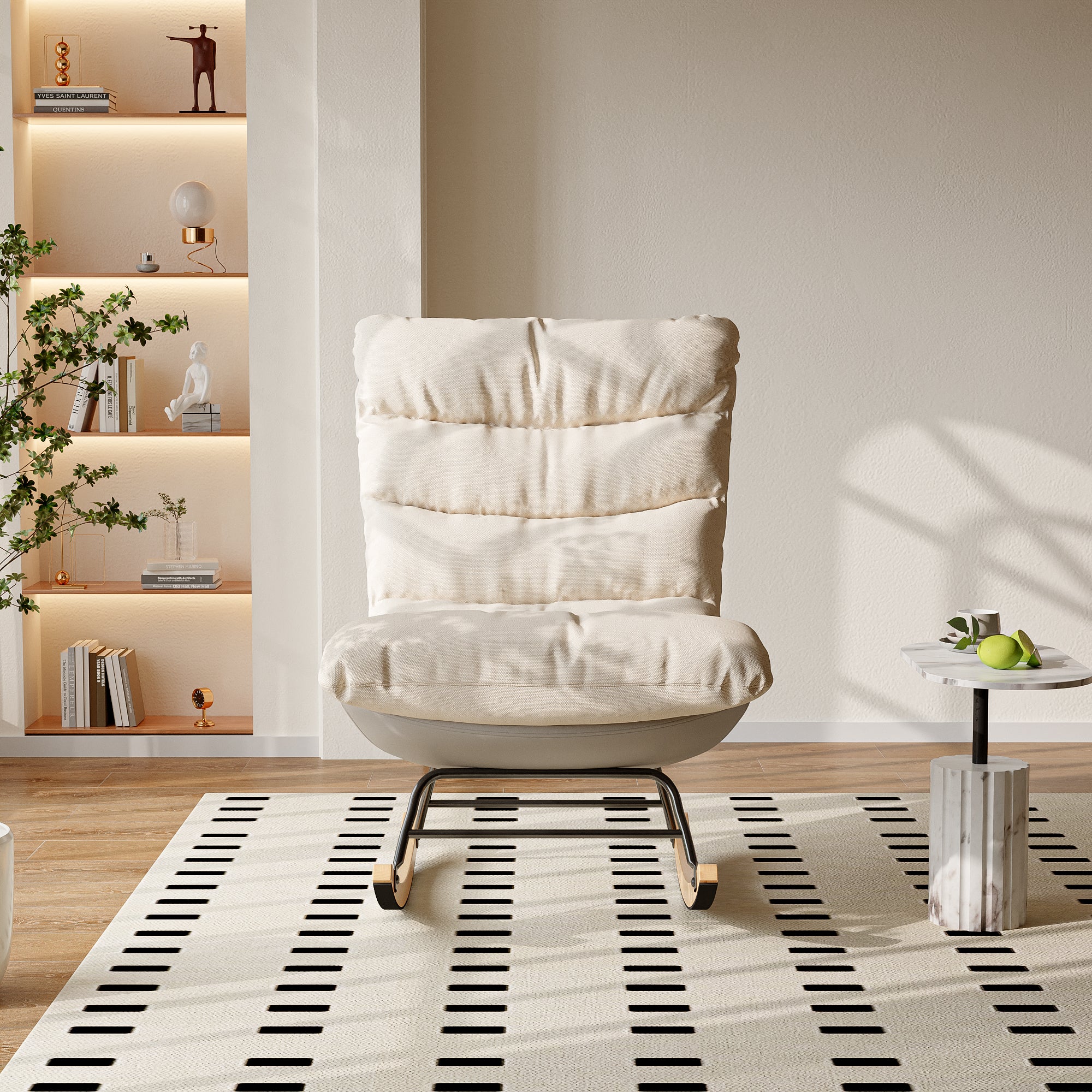Chaise Relax avec Coussin Amovible, Fauteuil à Bascule, Poches Latérales, Salon, Chambre, Blanc