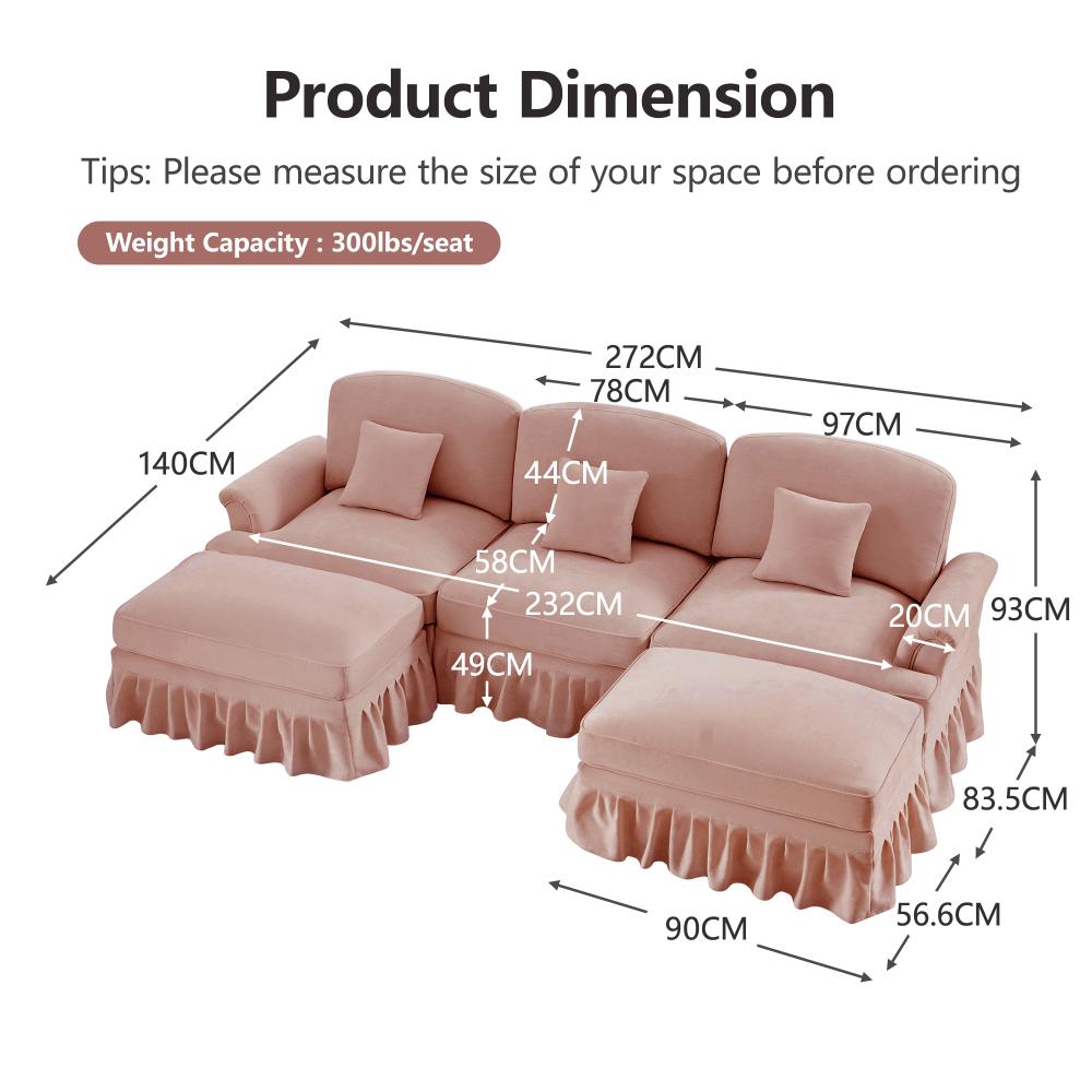 Divano modulare a U con braccioli a tromba, gonna rimovibile e piedi spindle – seduta profonda e morbida con pouf rimovibile, 2 design in 1. - 3