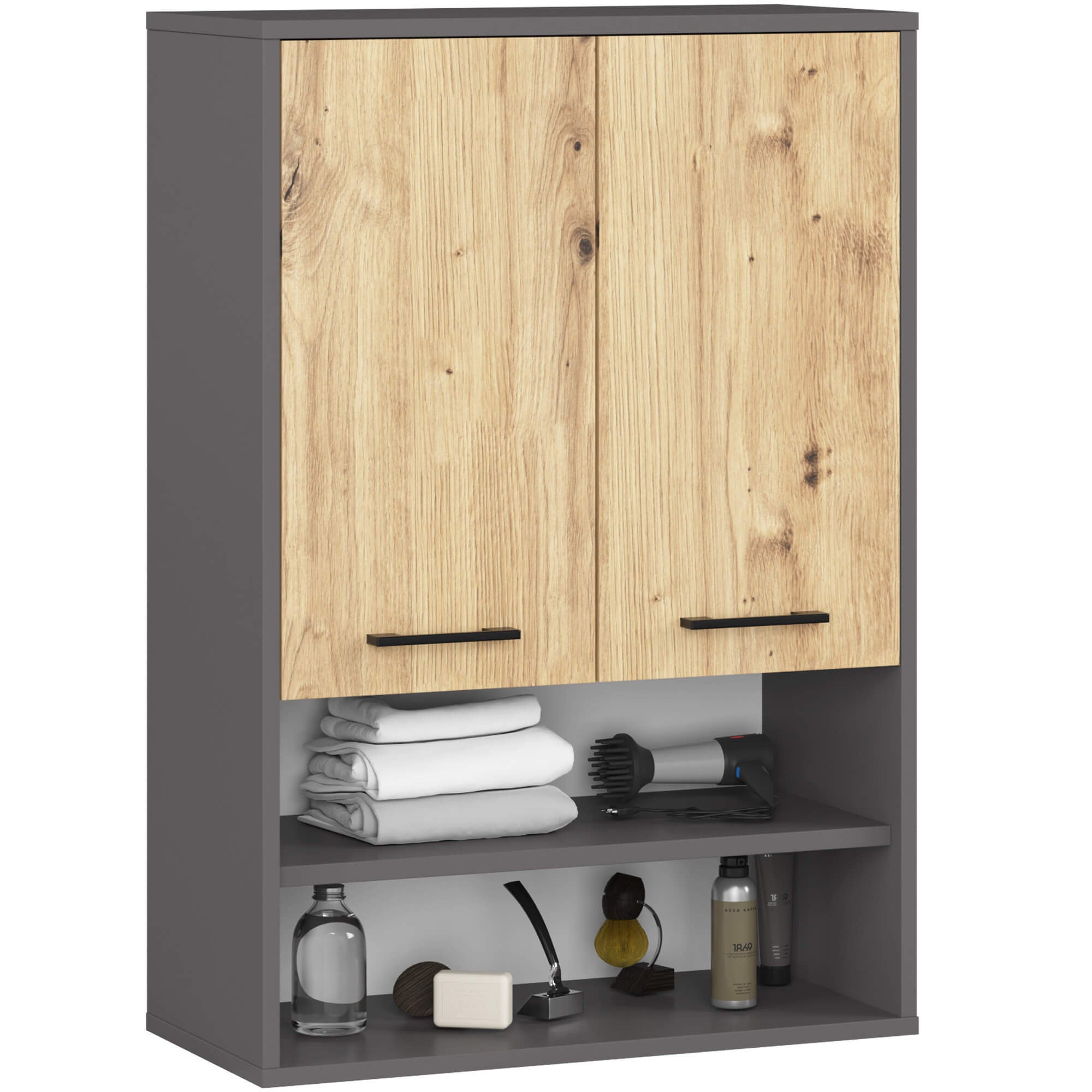 Szafka łazienkowa wisząca AKORD FIN Grafit Szary, Dąb Artisan 64 cm 2 drzwi 4 półki 64x30x94 cm
