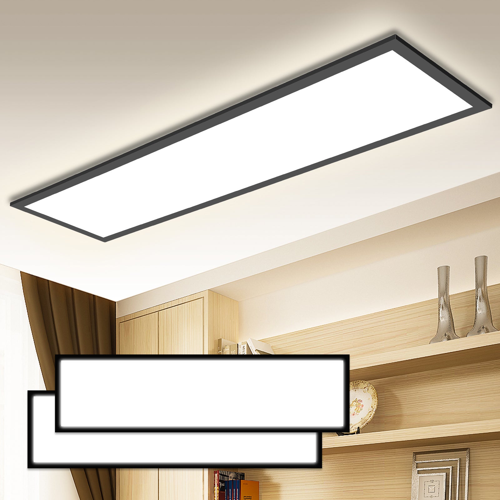 LOVHAUS 2 Sztuki Lampa Sufitowa LED Z Pilotem 100x25cm, Wewnętrzny Regulowany Panel LED 3000K-6500K, Czarny 110LM/W Panel LED Do Salonu Biura Sypialni
