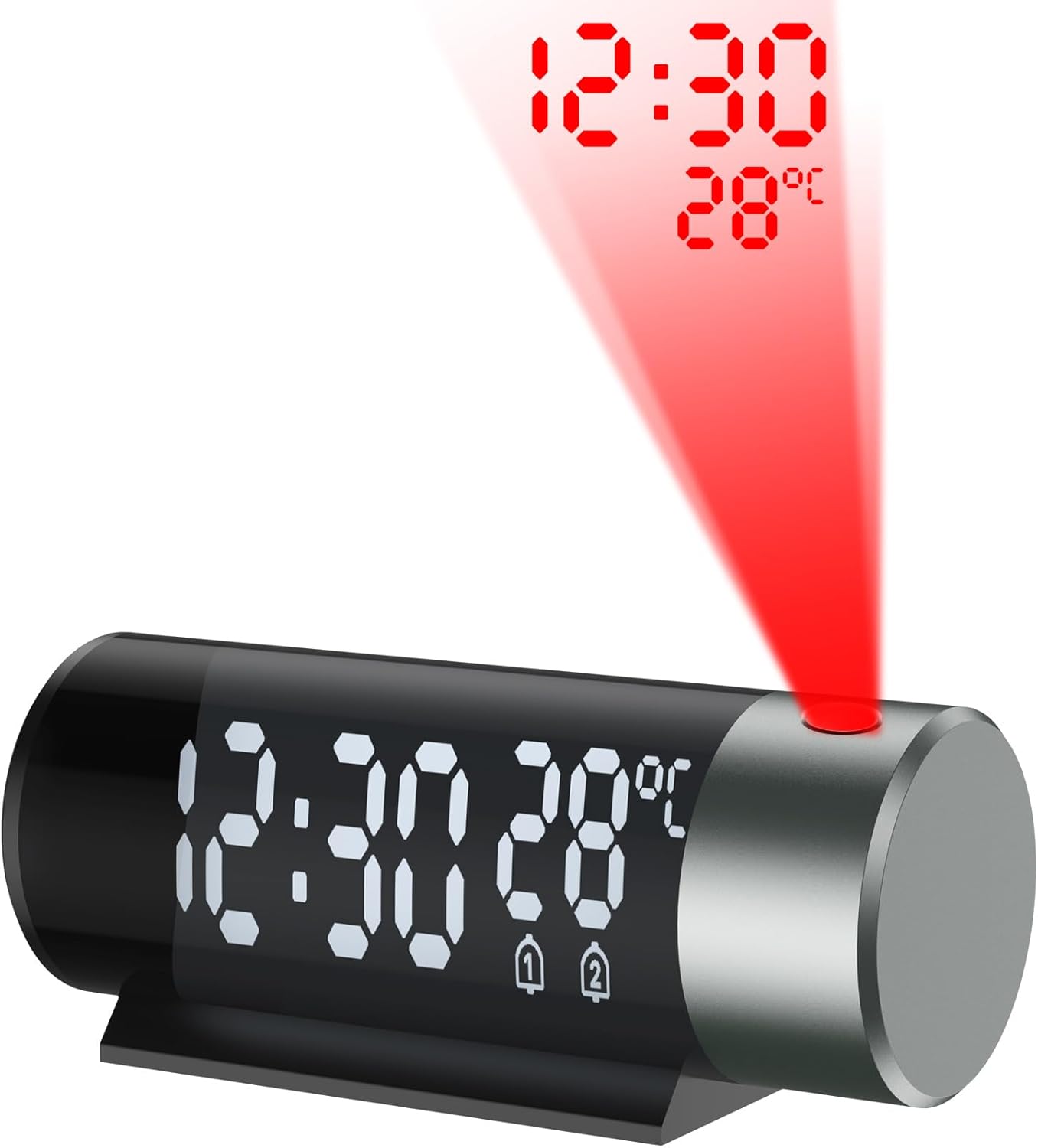 Budzik z projektorem sufitowym 180°, zegar cyfrowy z temperaturą, funkcją drzemki, trybem nocnym, 12H/24H, regulacją jasności, do sypialni i biura