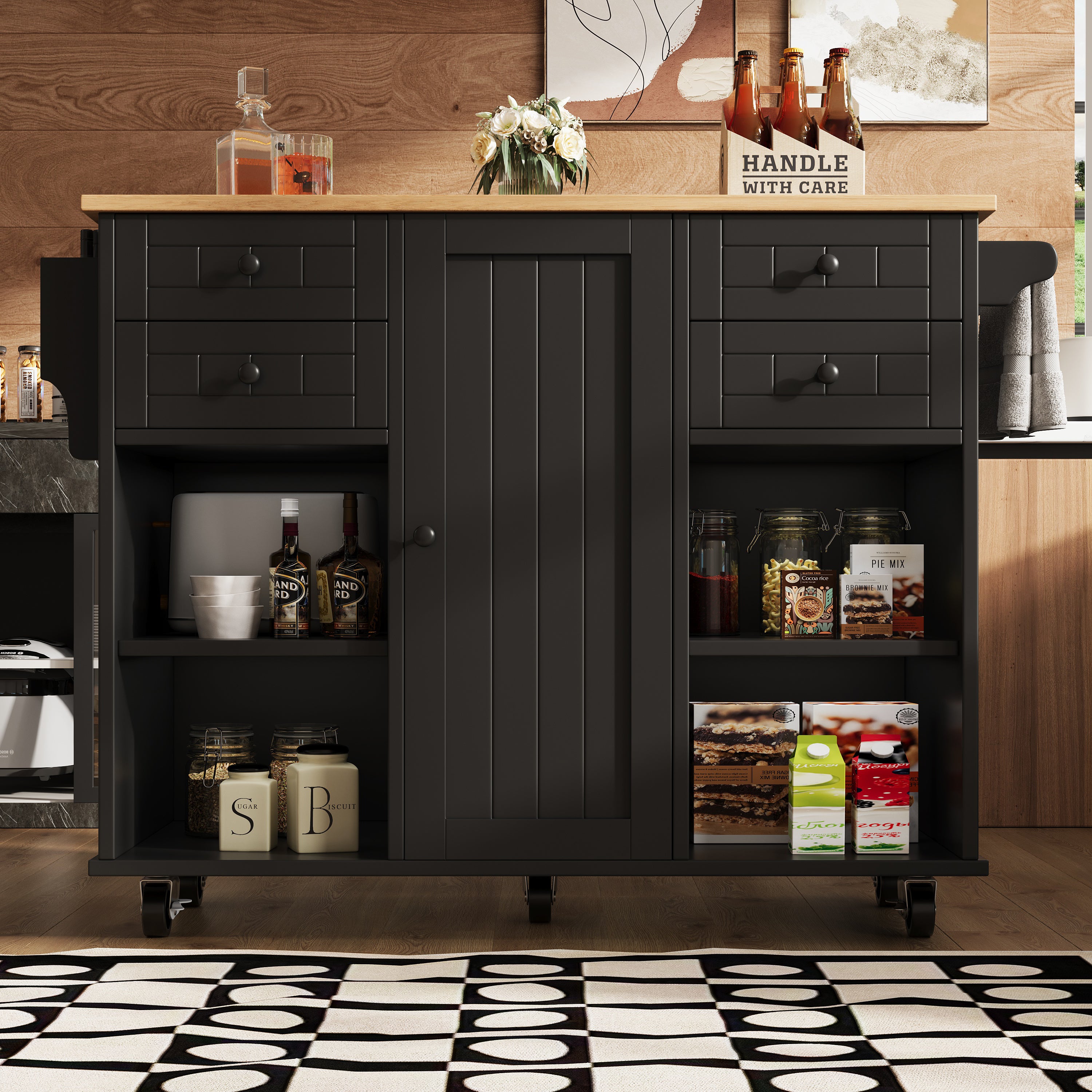 Isla central de cocina móvil con 1 puerta y 4 cajones - 111 x 46 x 91,5 ...