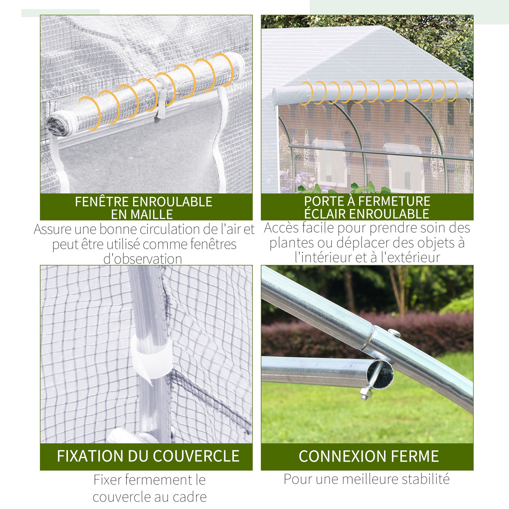 Serre Tunnel de Jardin 10,5 m² dim. 3,5Lx3lx2H m Porte + 6 fenêtres enroulables Acier galvanisé bâche PE Haute densité Blanc - 8