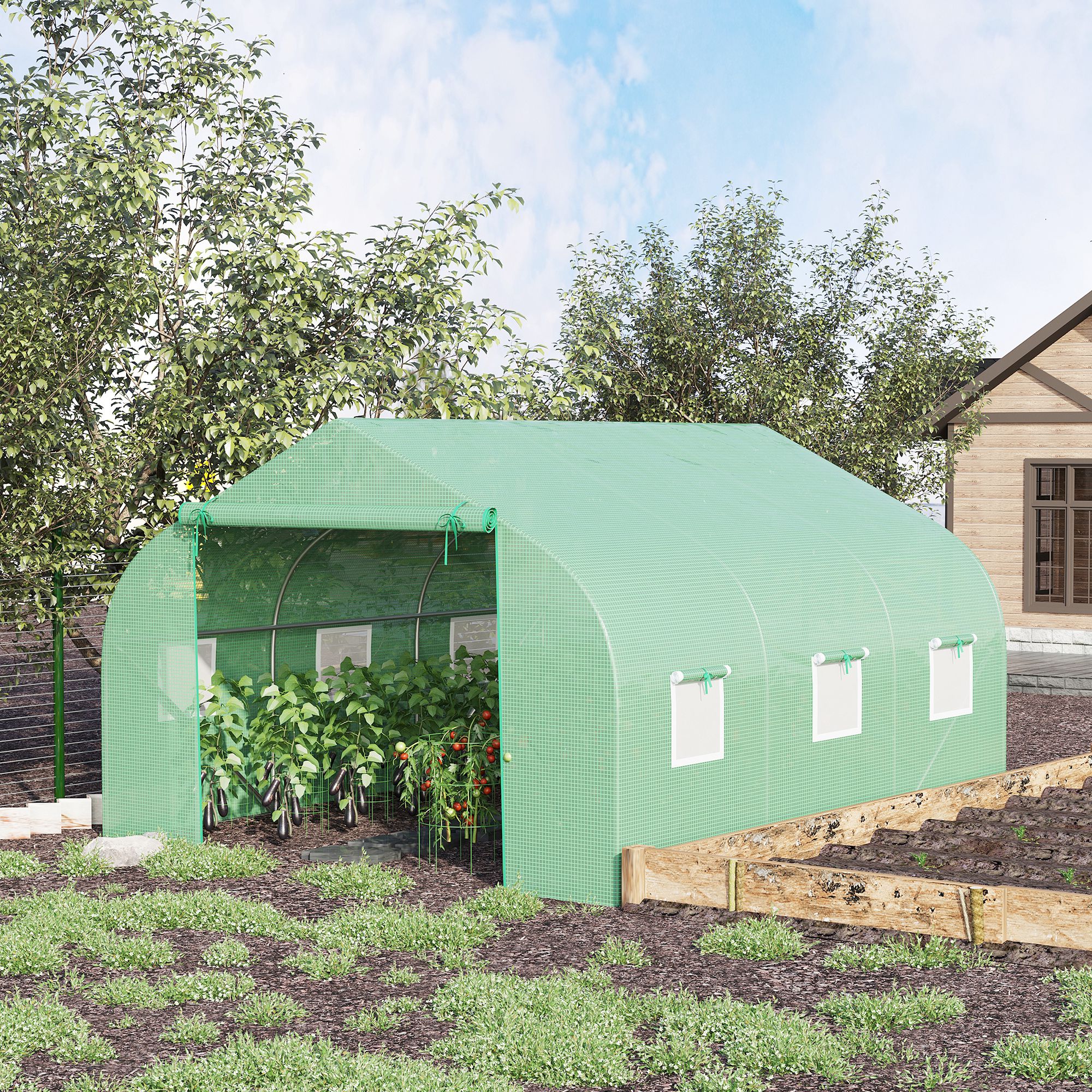 Serre Tunnel de Jardin 10,5 m² dimensions 3,5L x 3l x 2H m Porte + 6 fenêtres enroulables Acier galvanisé bâche PE Haute densité Vert - 4