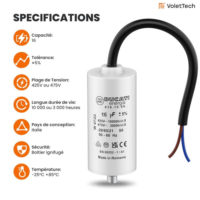 Condensateur 16 UF Pour Moteur Monophasé - Utilisation Pour Kärcher, Pompe De Piscine, Porte De Garage 425v 450v 475v Cosses 93335064 Condensateur 16 UF Pour Moteur Monophasé - Utilisation Pour Kärcher, Pompe De Piscine, Porte De Garage 425v 450v 475v Cosses 93335064