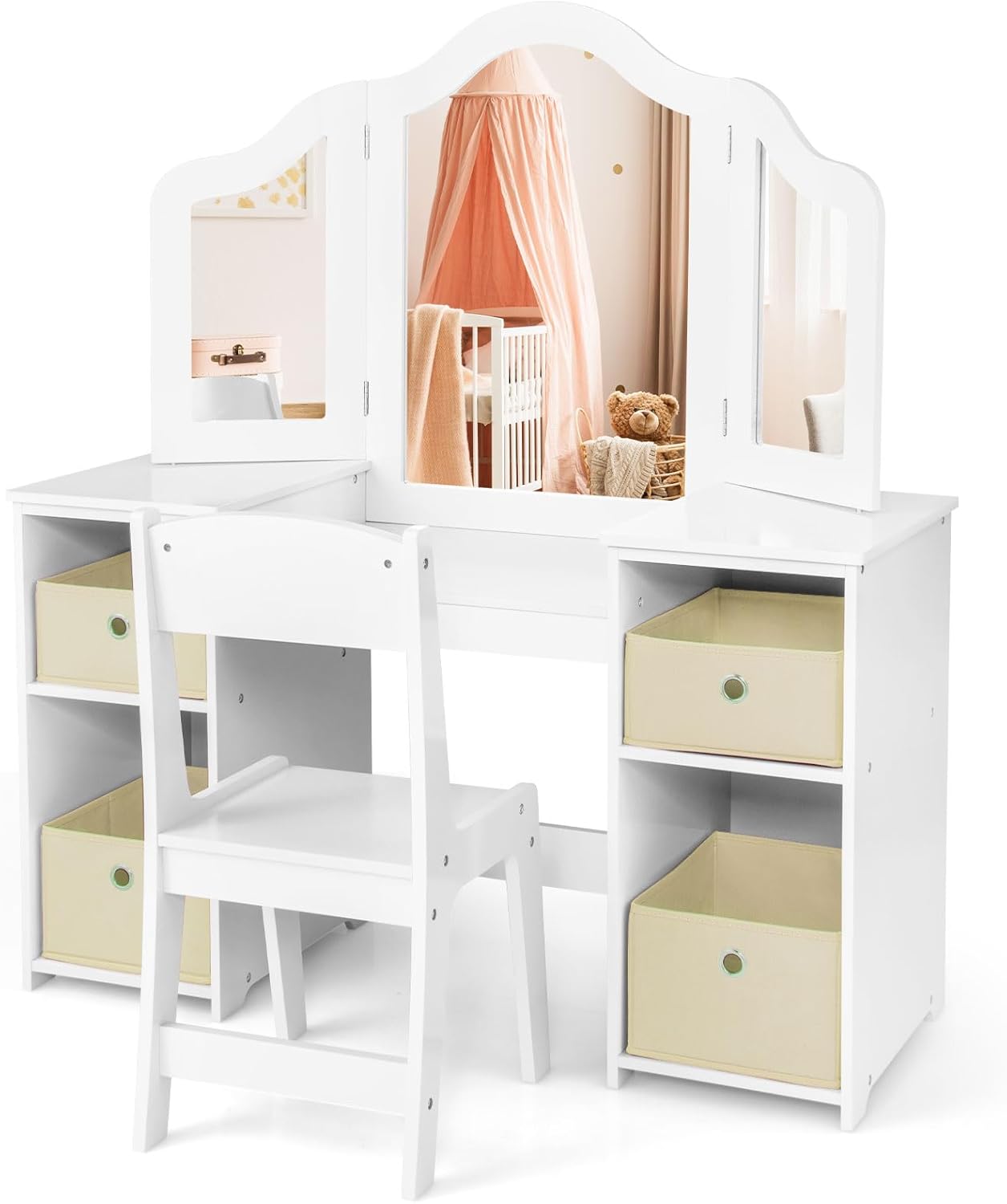Coiffeuse Enfant Fille Avec Miroir Pivotant 360° Et 3 Tiroirs - Bois Blanc/rose, Tabouret Inclus - Bureau 2 En 1 - 6