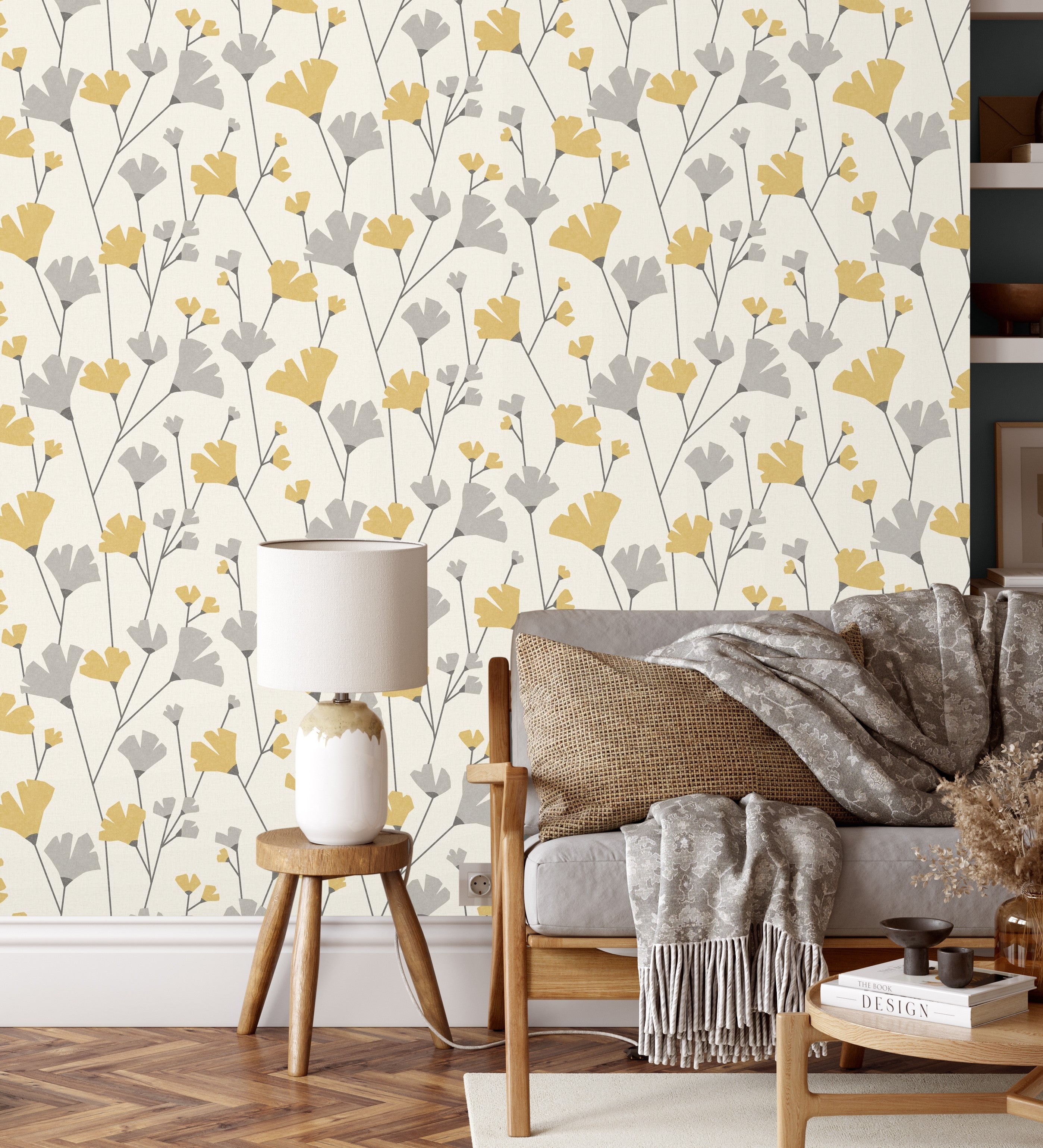 Papel pintado lavable de flores silvestre gris y mostaza estilo nórdico - Sophie Garden 680923 de GAULAN - Rollo de 10 m x 0,53 m - 3