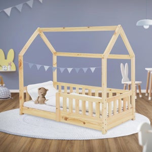 Lit Cabane Enfant 80x160 Cm – Bois De Pin Naturel – Avec Tiroirs Et Protection Antichute