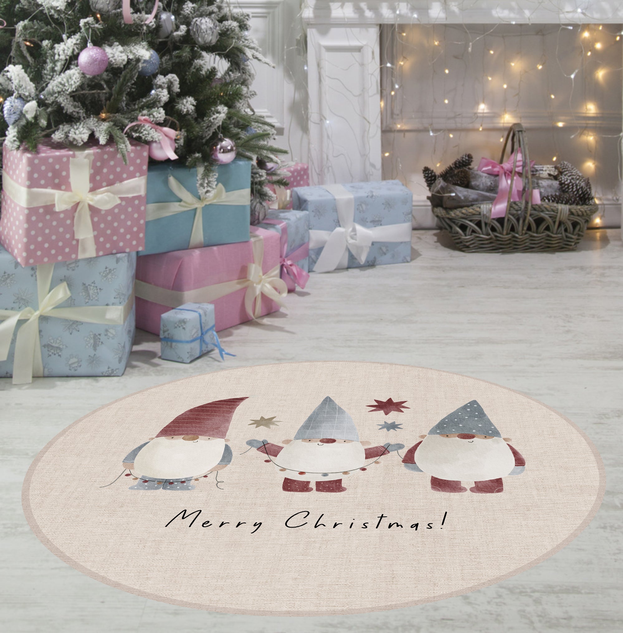 Dywan winylowy Merry Christmas Gnomes [średnica] 95 cm - PVC antypoślizgowy, wodoodporny, zmywalny, trudnopalny, styl bożonarodzeniowy