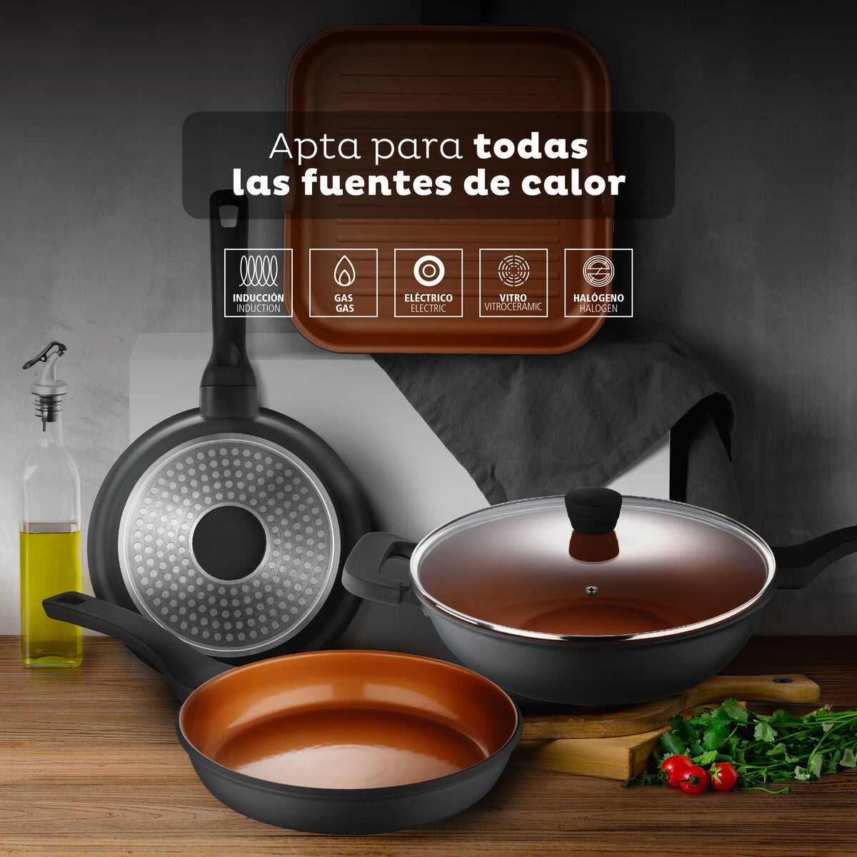 SAN IGNACIO Set Pentole Alluminio Forgiato: Padella 26cm + Bistecchiera 28x28cm + 3 Utensili In Silicone - 3
