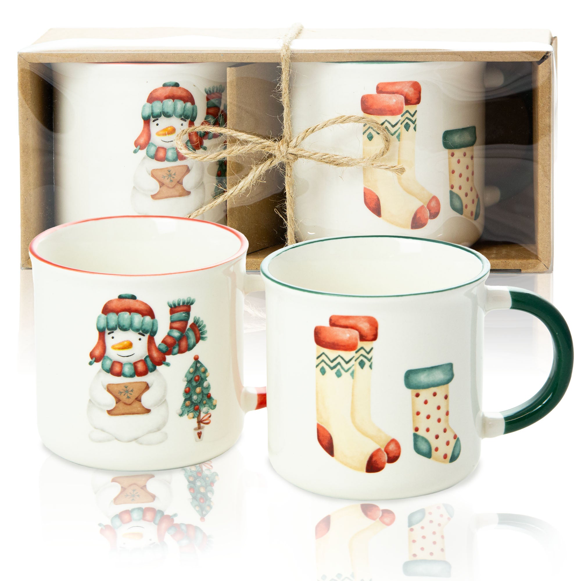 Kubek Świąteczny Ceramiczny Na Prezent 300 ml Boże Narodzenie Bałwan Skarpety Zestaw 2 szt