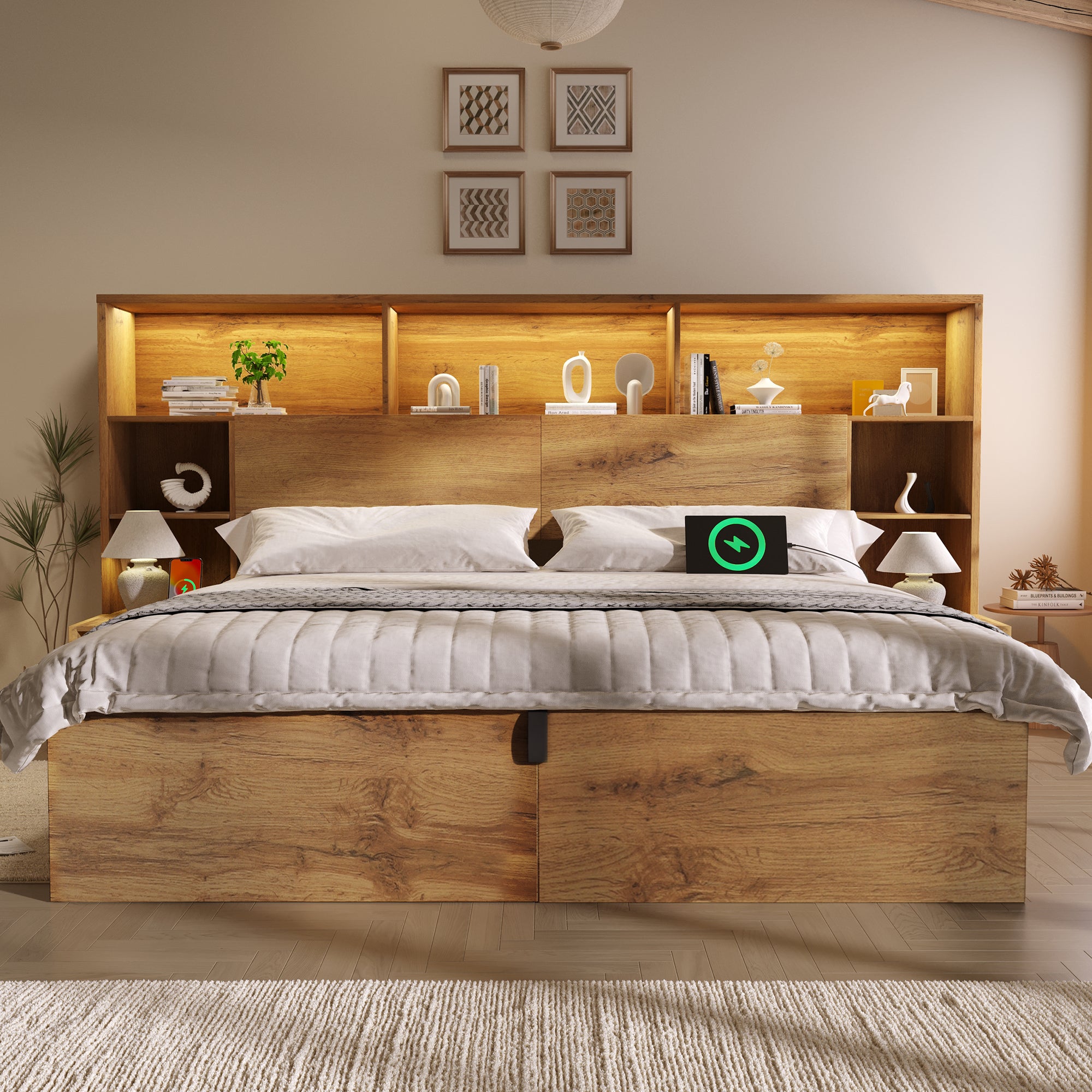 Lit 160x200 cm avec rangement hydraulique,Lit double en bois avec LED et port USB,avec table de chevet,sommier à lattes, Couleur Chêne(Sans matelas) - 3