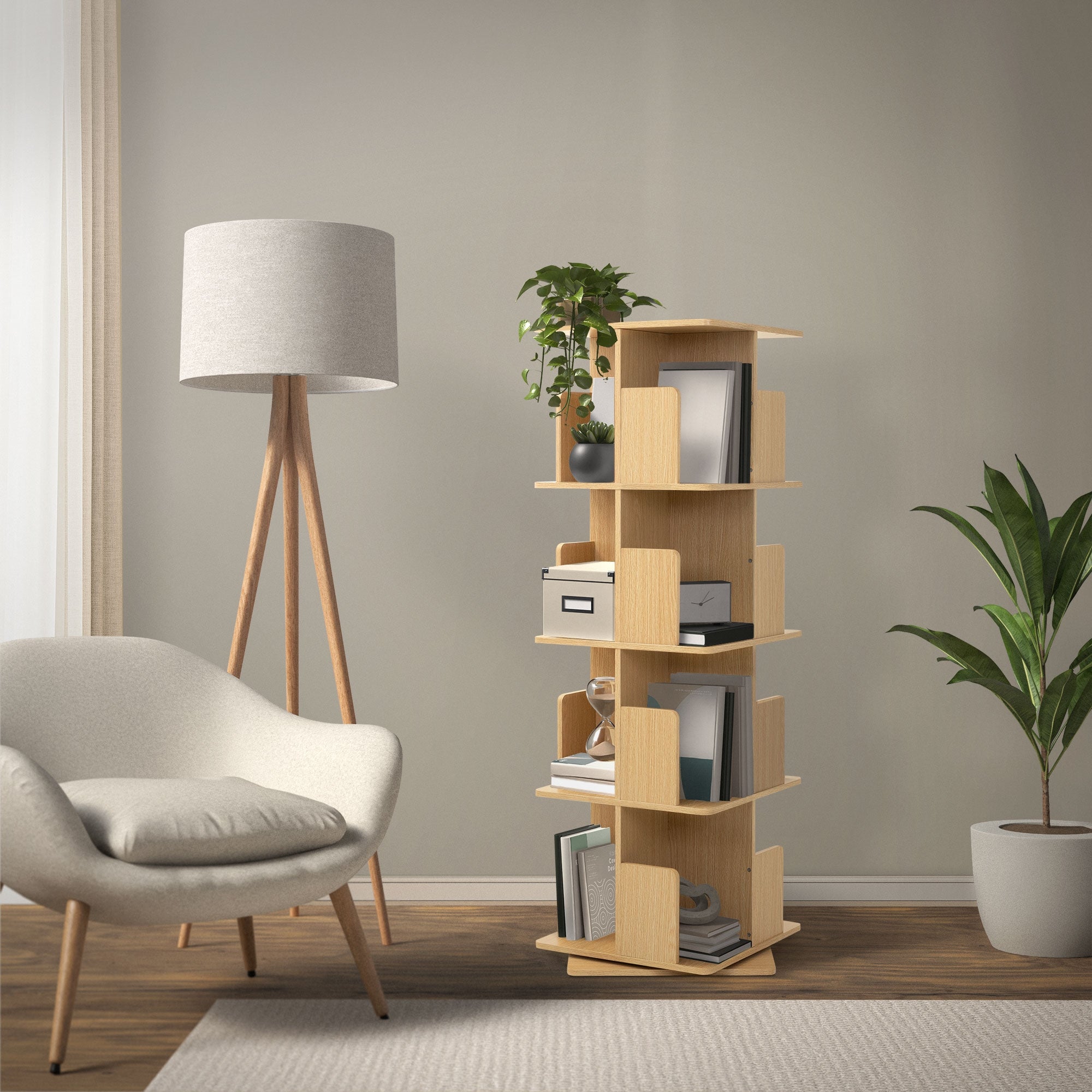 ML-Design Scaffale Effetto Legno Quercia 40x124,5x40 cm Libreria Girevole a 360° in Legno Torre Salvaspazio 4 Ripiani e 16 Scomparti Multiuso per casa - 6