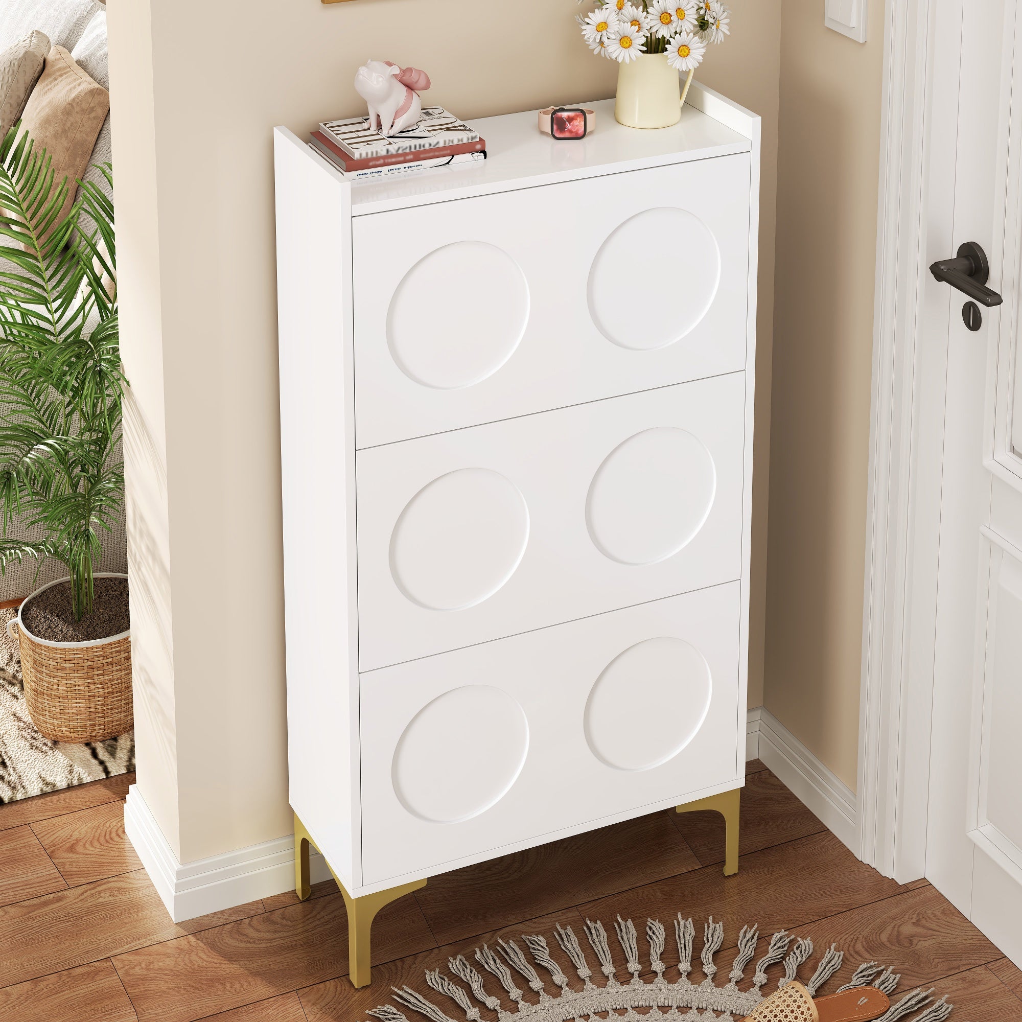 Meuble à chaussures avec 3 portes rabattables - 63 x 24 x 120 cm - MDF et pièds en métal doré - Blanc - 3