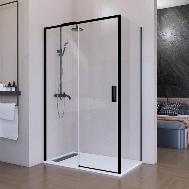 Mampara Ducha Rectangular - 120x80 cm - Frontal + Fijo Lateral - Vidrio Templado 6mm - Tratamiento Antical - Perfilería Negro Mate - Altura 195 cm