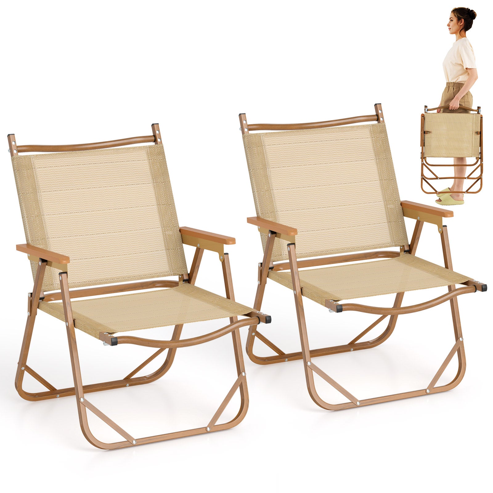 Set de 2 scaune pliante de camping, scaune ușoare de plajă cu cadru din aluminiu, rezistente la 180 kg, portabile, cu cotiere