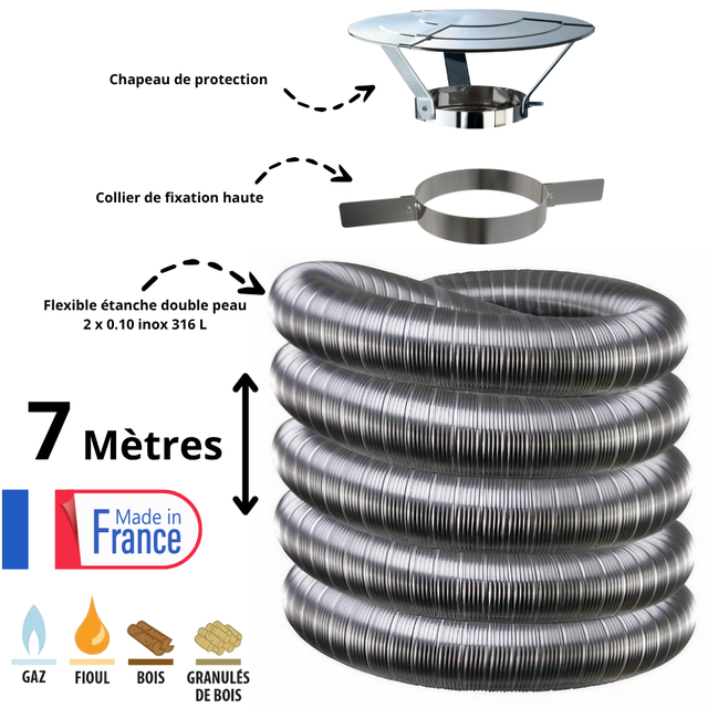 Kit tubage flexible double peau inox diamètre 130 + collier + chapeau Edilinox - Longueur 7 mètres