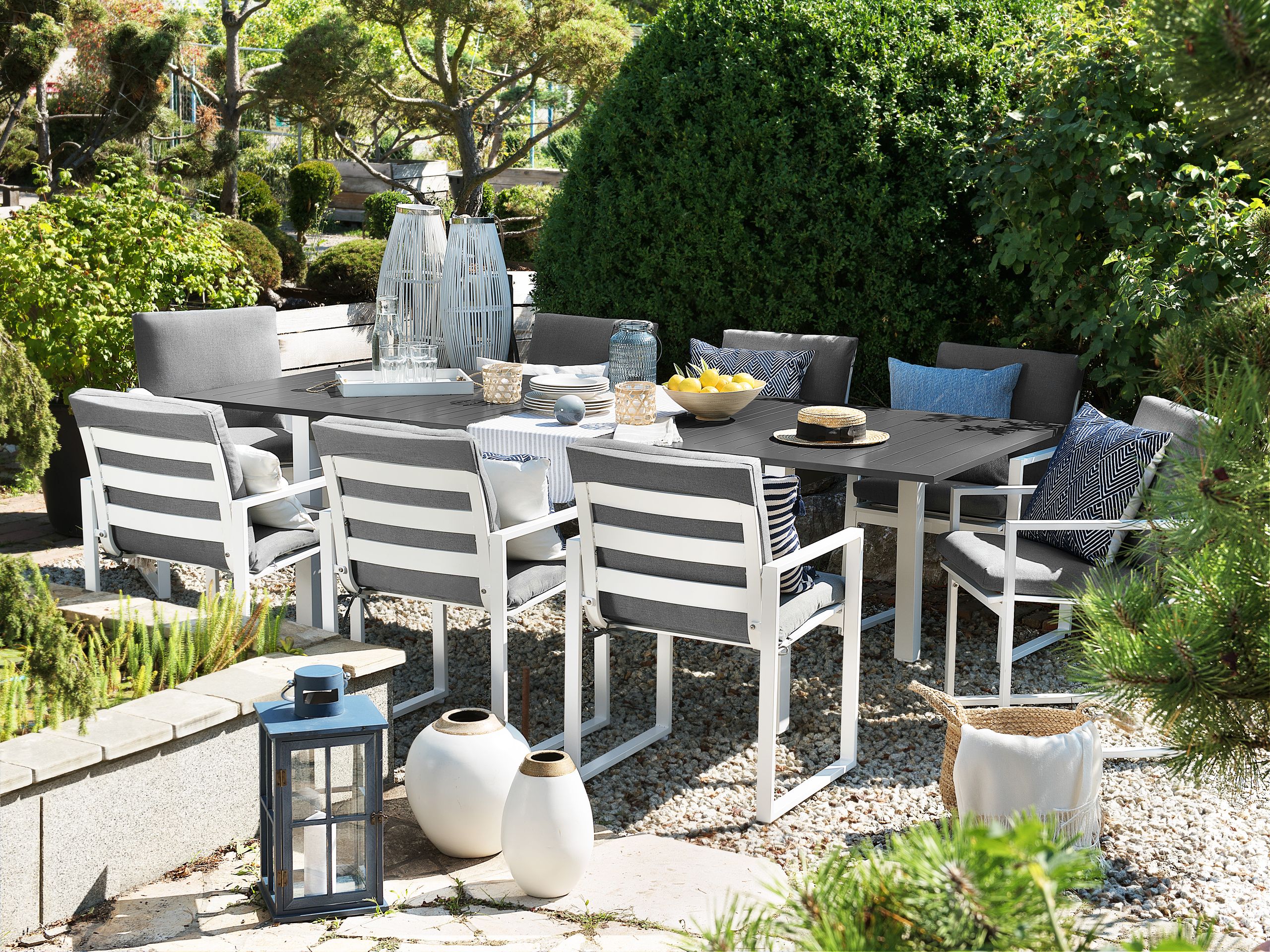 Set dining pentru grădină cu 8 locuri PANCOLE Gri Metal cu perne