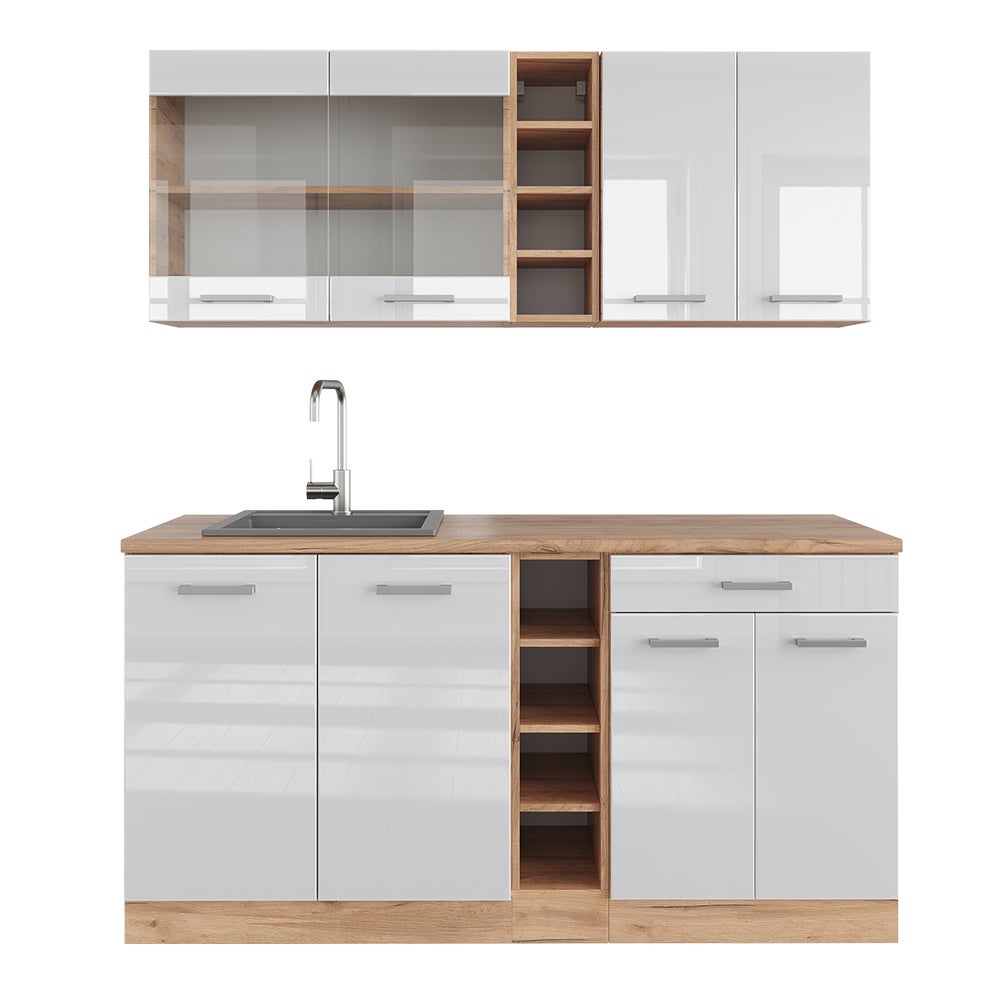 Vicco Pojedyncza kuchnia R-Line, Biały wysoki połysk/złoty dąb power, 160 cm , BP Dąb