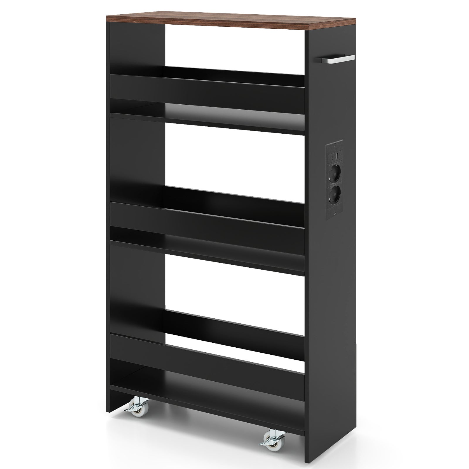 Cărucior utilitar cu 4 niveluri, 47x20x80 cm, cărucior de depozitare pentru bucătărie cu 4 roți silențioase, stație de încărcare, mâner lateral