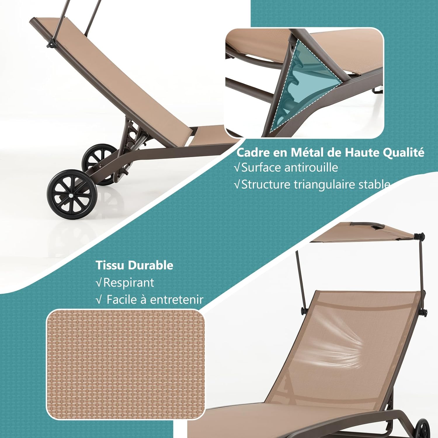 Transat Jardin Extérieur - Pare-Soleil Réglable, 165x61x96 CM, Bain de Soleil - Dossier Réglable 6 Niveaux avec Roulettes Charge 150KG, Marron - 6