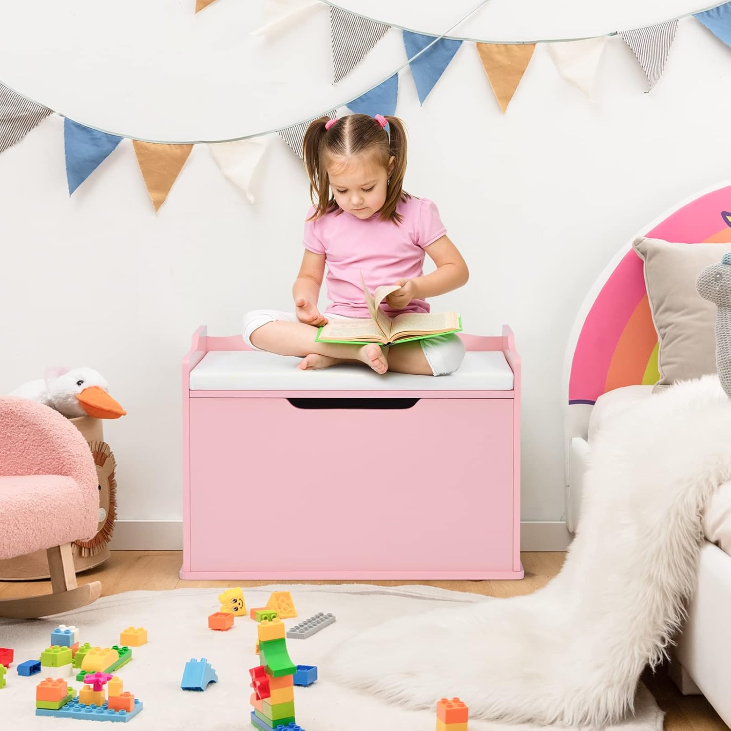 Coffre à jeu en Bois, 4 en 1 Coffre de Rangement avec Banc d'Assise, Couvercle Rabattable, Poignées Latérales, Banc de Rangement (Rose) - 7