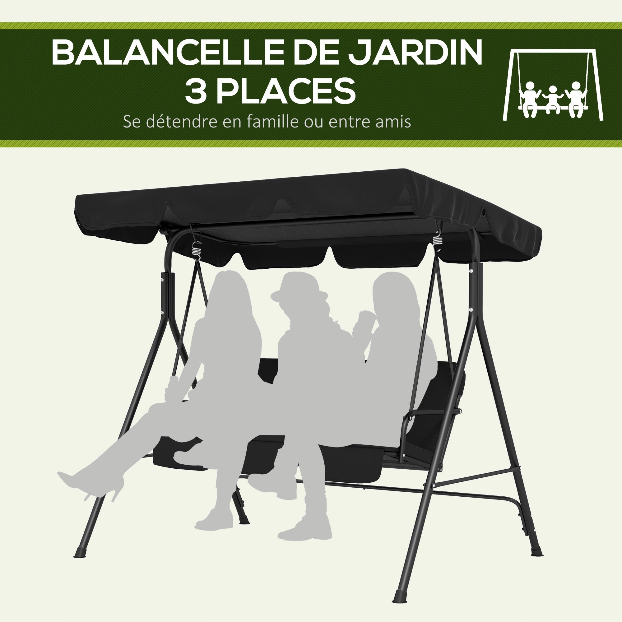 Balancelle de jardin acier 3 places Outsunny noir - 6