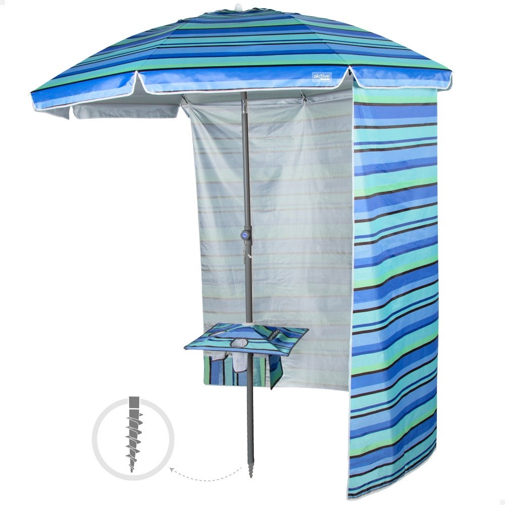 Aktive sombrilla playa antiviento 210 cm rayas azules con pared y mesa