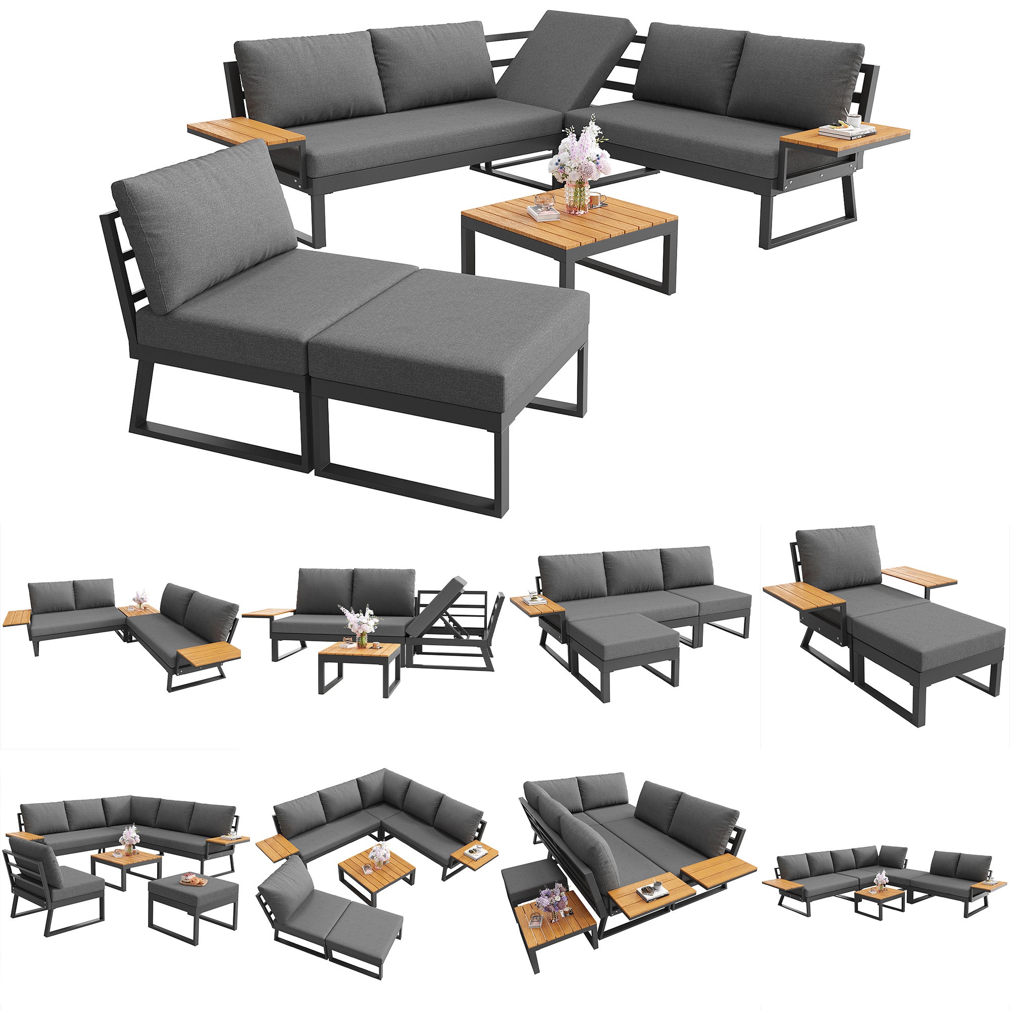 Salon de jardin en fer forgé pour 7 personnes, canapé de jardin en forme L, mobilier pour balcon et terrasse, ensemble de 5 pièces, avec coussins gris - 9