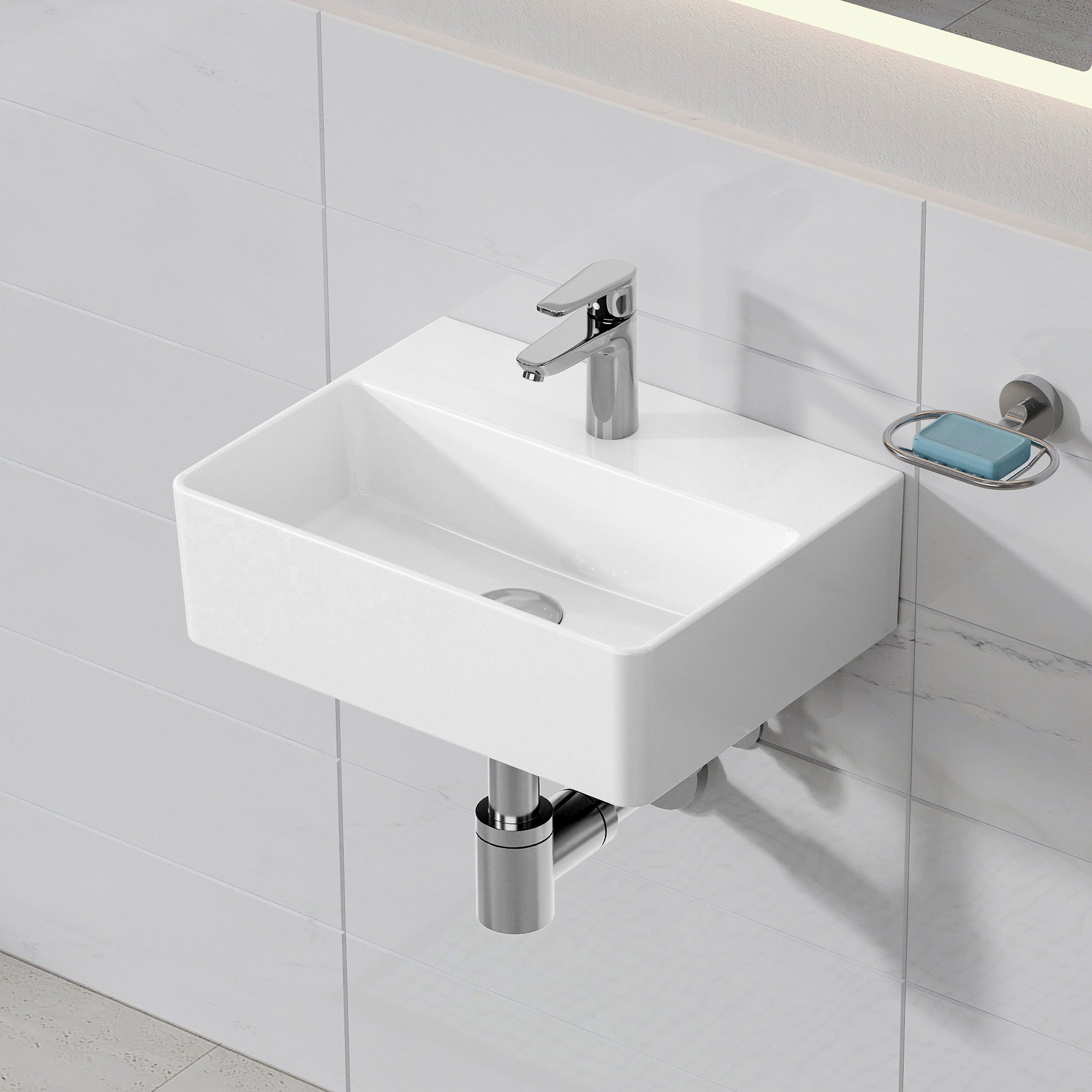 HOROW Umywalka ścienna ceramiczna, prostokątna, nablatowa z otworem na baterię, bez przelewu, odpowiednia do małych łazienek gościnnych 39 x 30 cm