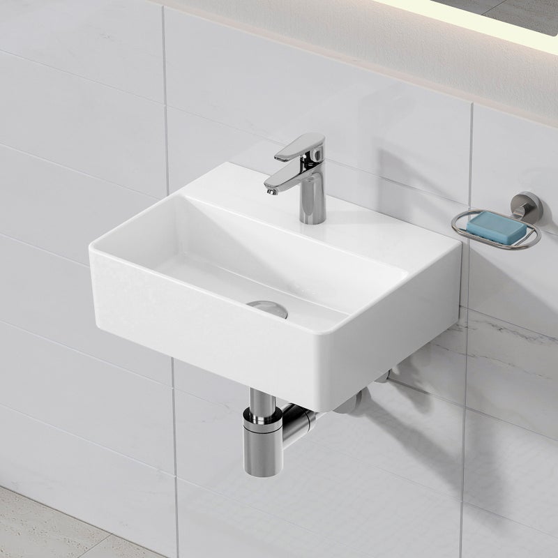 HOROW Umywalka ścienna ceramiczna, prostokątna, nablatowa z otworem na baterię, bez przelewu, odpowiednia do małych łazienek gościnnych 39 x 30 cm