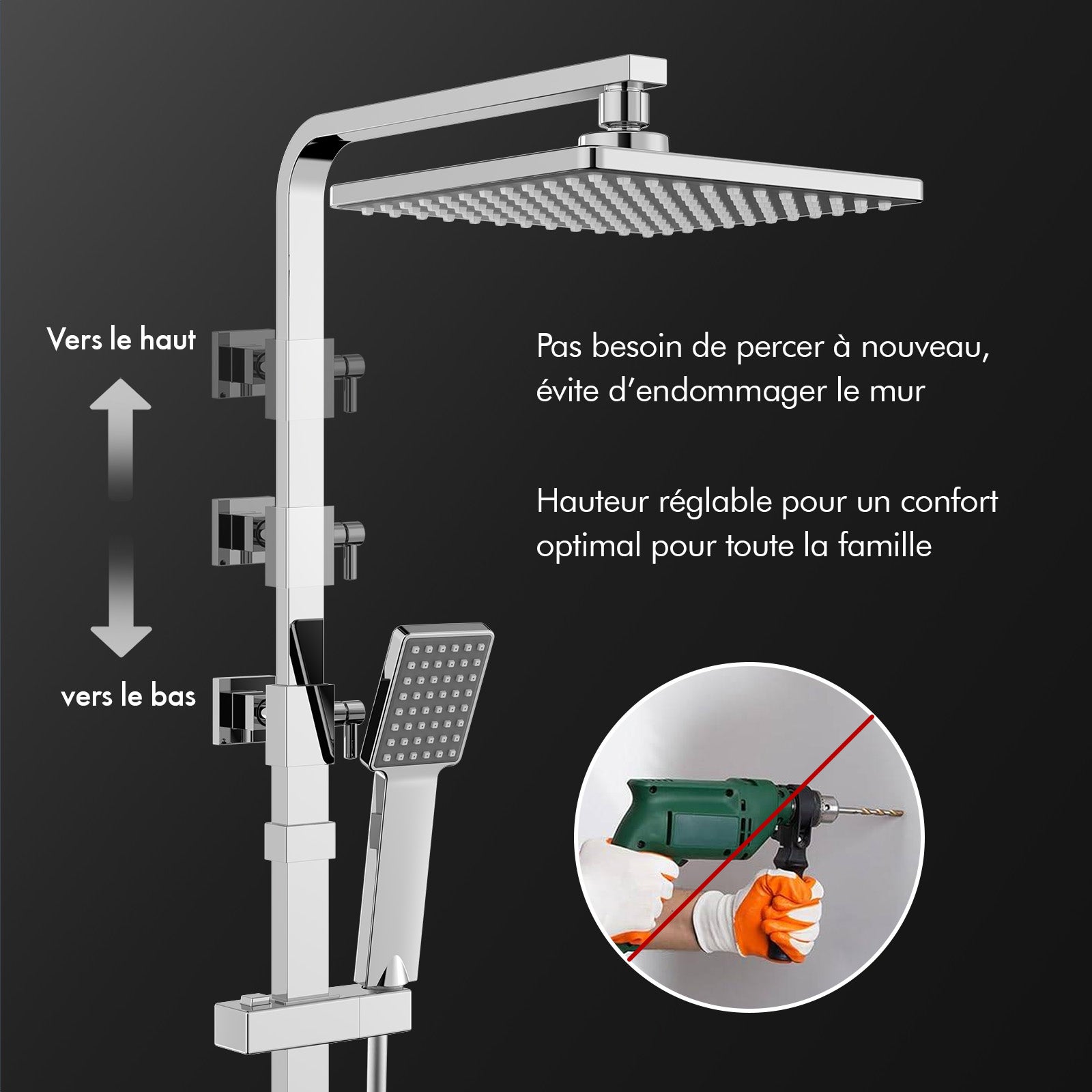 Colonne de Douche Thermostatique Chromé, Ensemble de Douche avec pomme de douche et tête de douche, Hauteur Réglable 855-1105mm - 3