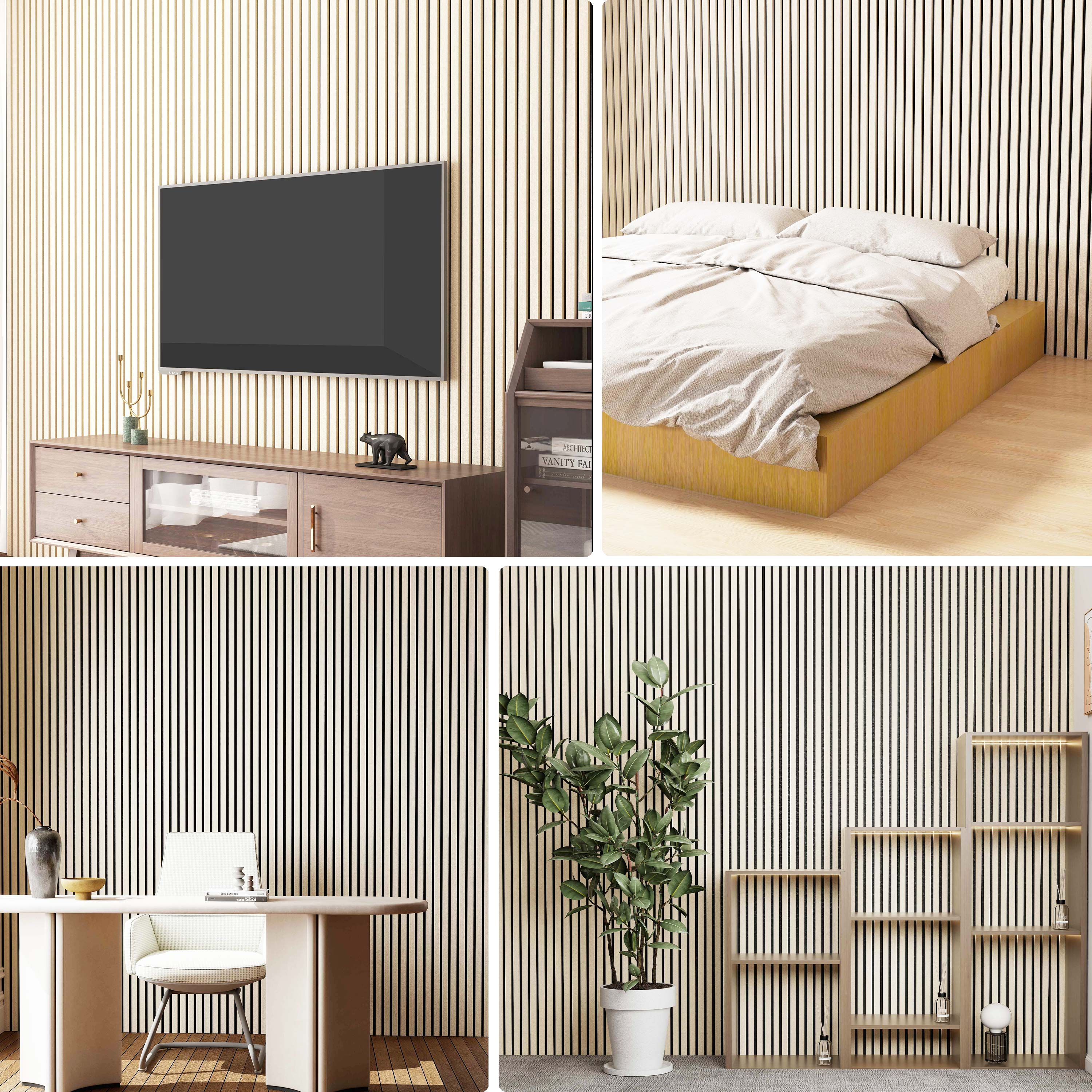 Lot de 3 panneaux muraux acoustiques décoratifs en bois MDF 260 x 30 cm, finition chêne blanc, excellente isolation acoustique, installation simple - 4