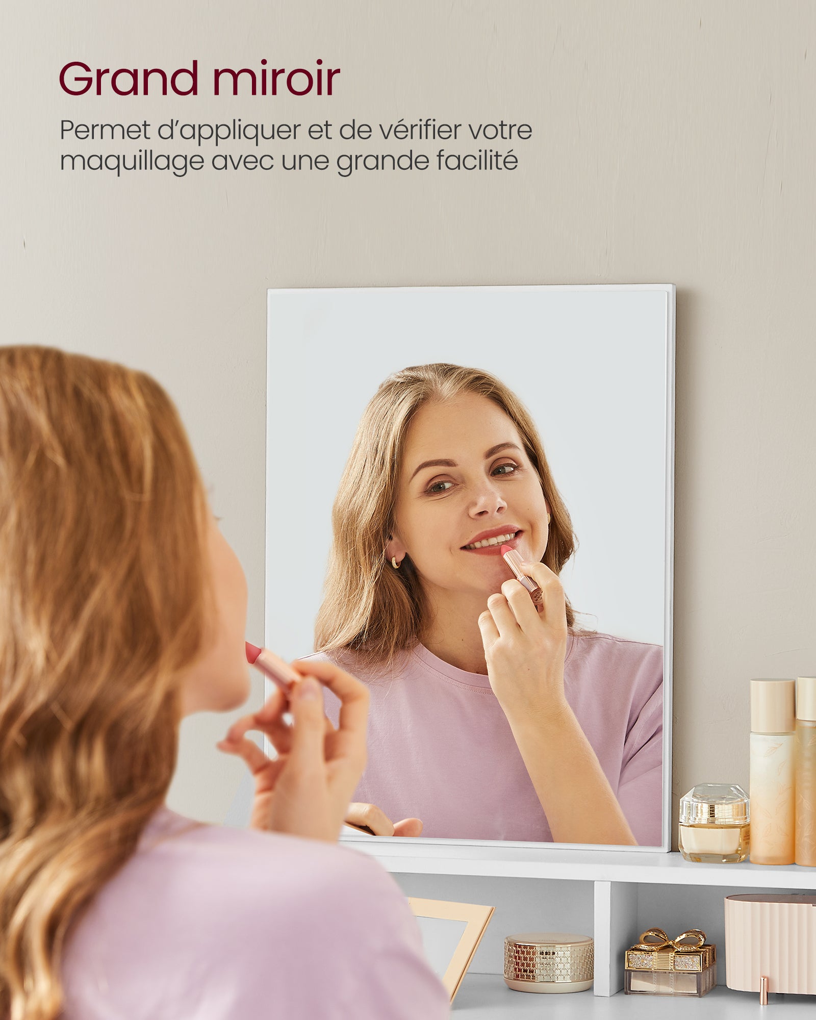 Coiffeuse Avec Miroir, 2 Tiroirs, 3 Compartiments De Rangement, 80 x 40 x 140 cm, SANS TABOURET, Style Moderne, Blanc - 2
