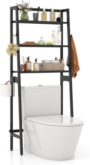 COSTWAY Étagère de Rangement au-Dessus des Toilettes, Meuble WC à 3 Niveaux, Porte-Papier, 2 Crochets Latéraux, Barre Inférieure Réglable, Noir