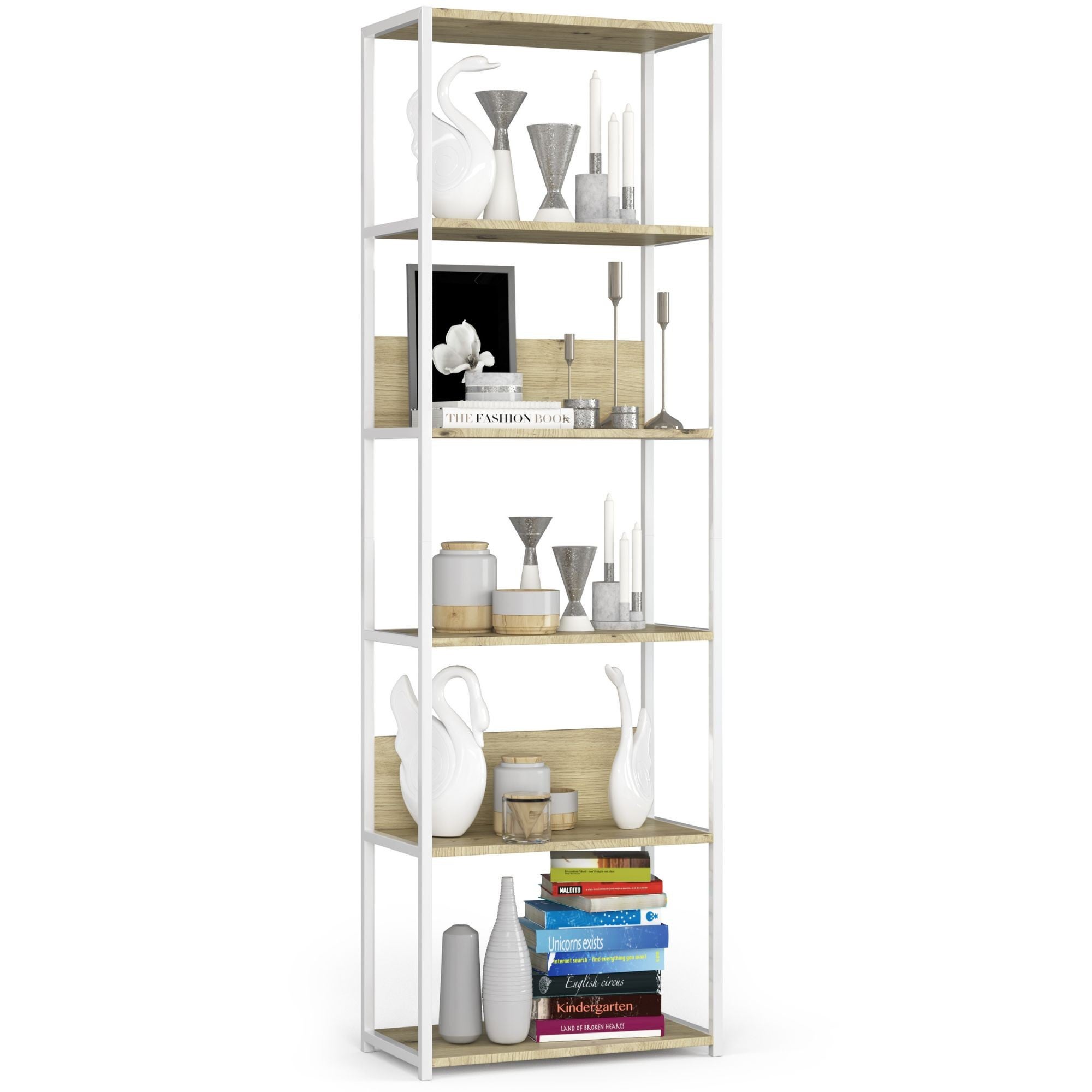 Regał loft AKORD metalowy Biały 60 cm kolor Dąb Artisan mat 6 półek 60x32x192 cm