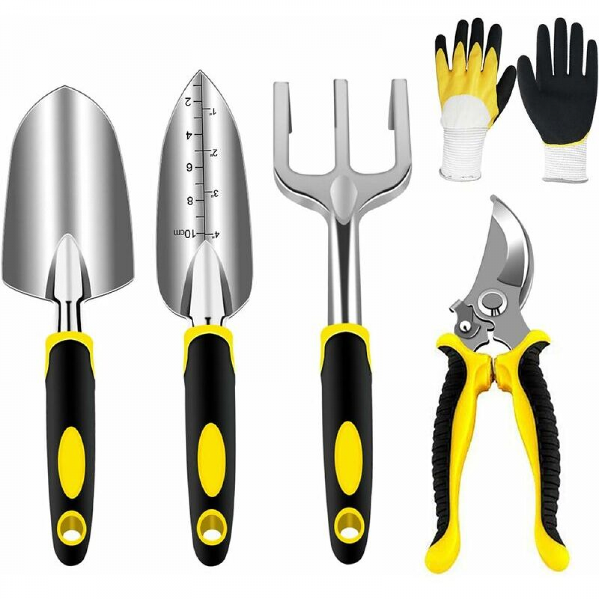 Set de unelte de grădinărit cu capete robuste din aluminiu și mânere ergonomice; include greblă manuală și mănuși.