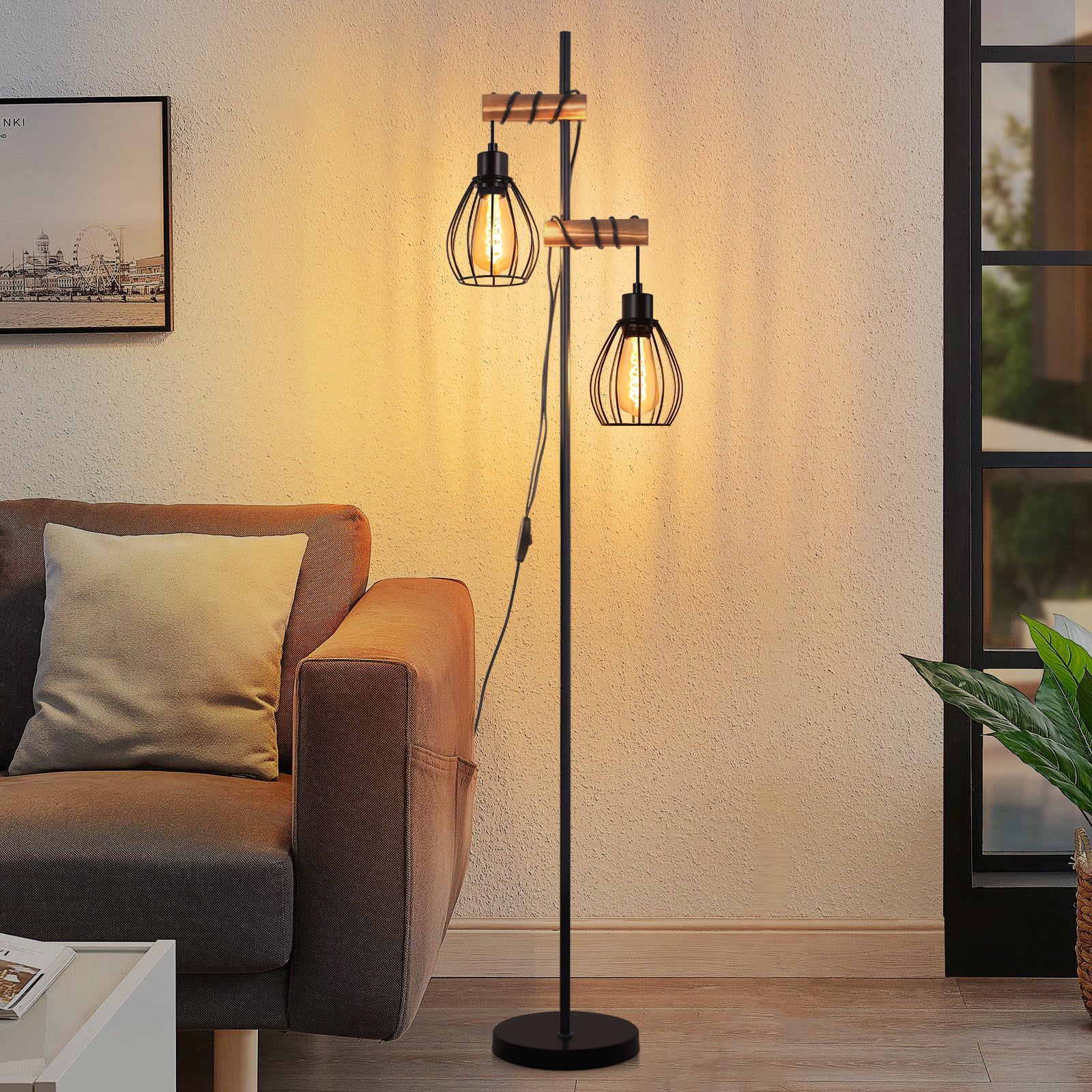 ZMH Lampa podłogowa czarna vintage – Industrialny design metalowy, 2 żarówki E27, wysokość 152 cm (bez żarówki)